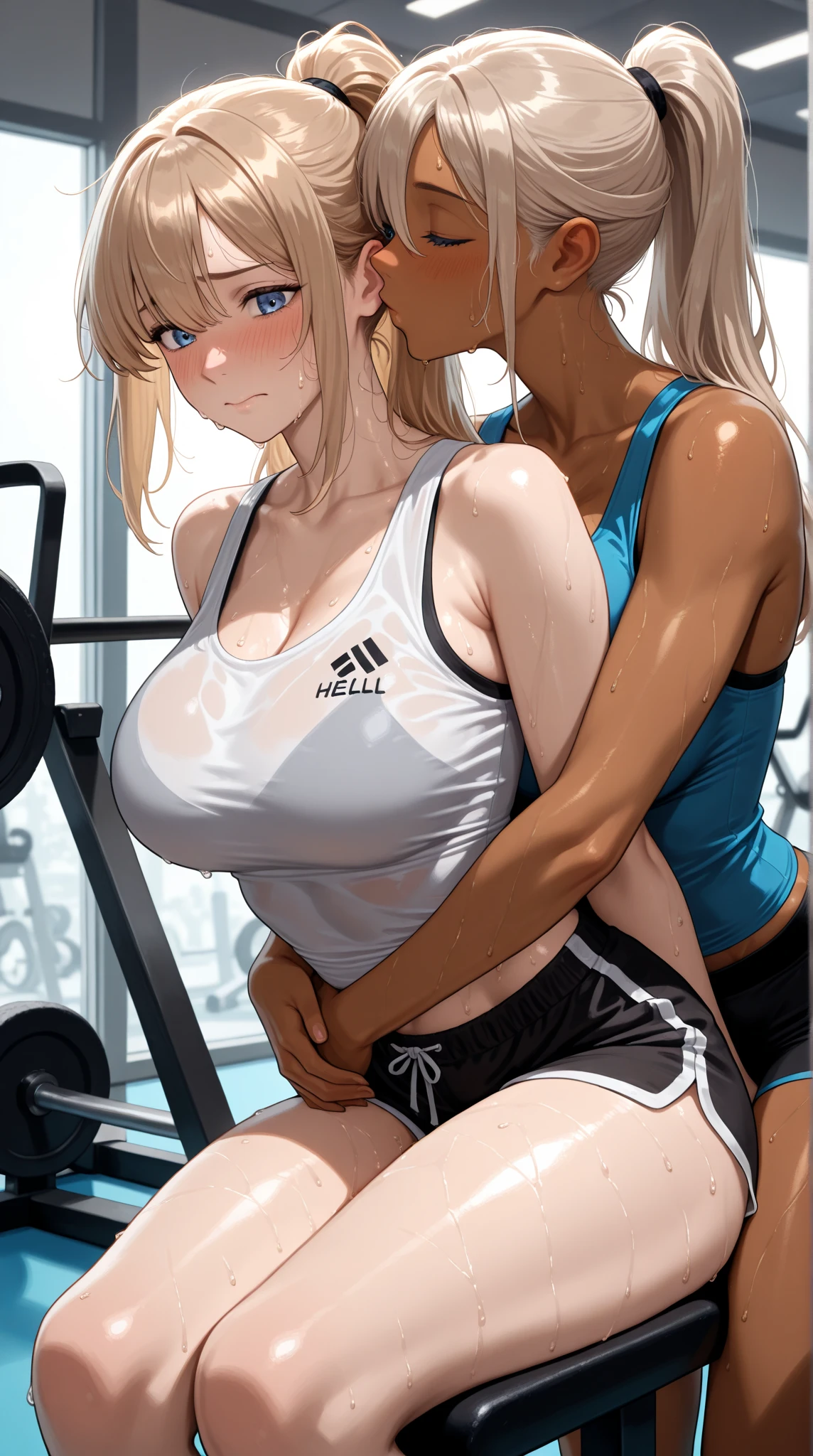 Best quality, two mature twin women, giant breasts, giant ass, very curvy, blonde styled hair, marvelous eyes, full lips, seductive, high ponytail, sexy blue sports bra, orange yoga shorts, silver hoops, thick thighs, curvy physique, facing viewer in gym, seducing viewer, one of them with a seductive grin