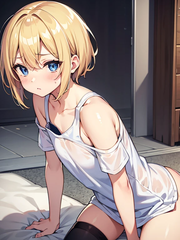 ultra detailed, masterpiece, dynamic lighting, best quality, BREAK, girl, (small breasts:1.6), (chibi:0.6), (cute girl:0.8), clear skinned female:1.2, , (clear skin:1.8), blonde hair, short hair, pixie cut, wavy hair, blue eyes, wake up yawn, open mouth, covering mouth, window, morning, looking at viewer, sitting, seiza, waking up, on bed, detailed hands, ((naked)), (erect nipples), (show pussy), pink nipples, BREAK