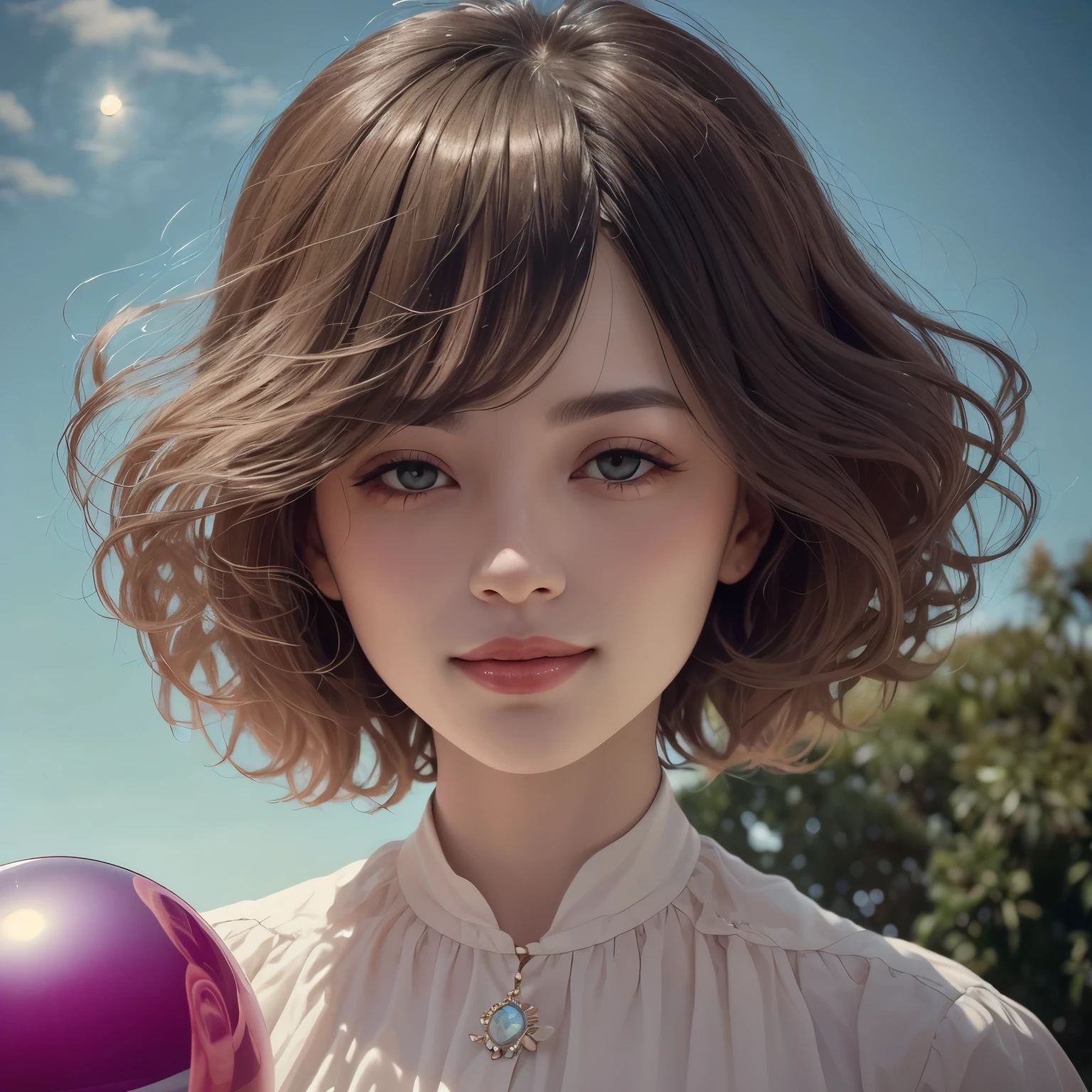 382 (20 year old woman),(short hair),(gentle smile),(high quality photos),( cinematic pictures playing on the lawn ),(colorful),(Crystal Ball),((contrast between light and shade))