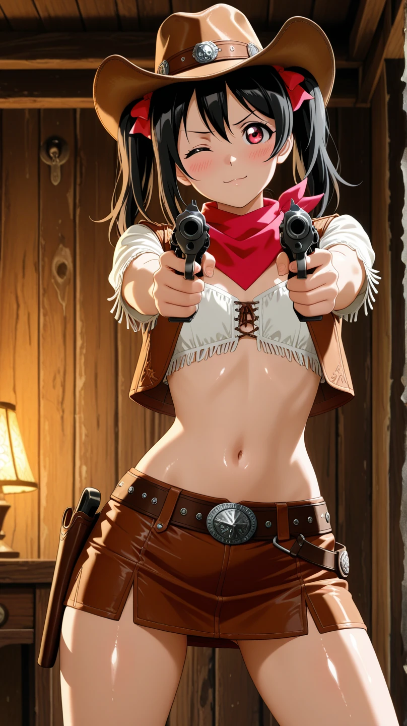 Generates a woman dressed as a cowgirl with brown suspender ,gunbelt and bandana black clothing and her genitals visible topless nude and nipples big-boobs smile same person no chance, SMALL WAIST, huge hips, BIG ASS, juicy breasts