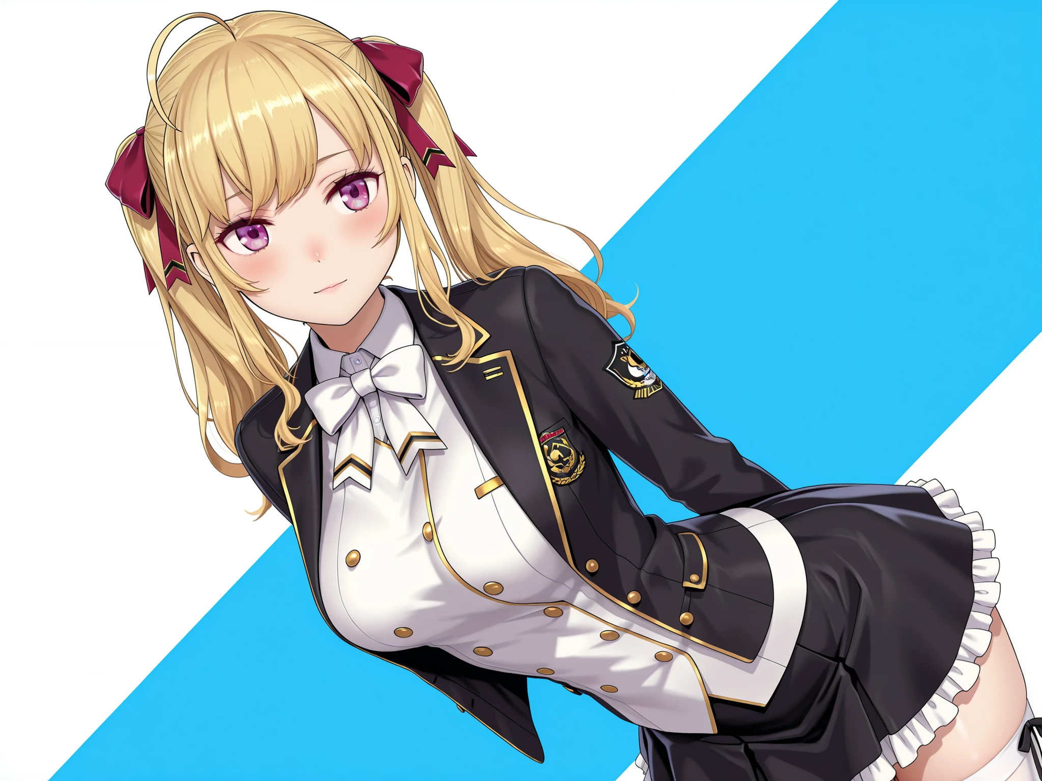 masterpiece,best quality, amazing quality, highres, absurdres, very aesthetic, high resolution, ultra detailed, perfect details,nijirion,medium breasts,purple eyes,blonde hair,twintails,ahoge,hair ribbon,nijirioncos,white shirt,white bowtie,white jacket,black lapels,button,black skirt,frilled skirt,miniskirt,white thighhigh,mature female