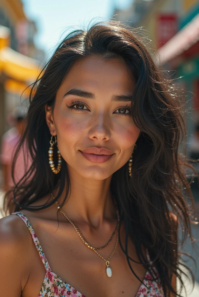 Ola chat. I would like you to create an image of a 27 year old woman, descendant of indigenous, Although,  She has fine and very feminine features.  She's high, has 1, 75cm, thin but with a slightly defined body. This woman currently lives in Paris 