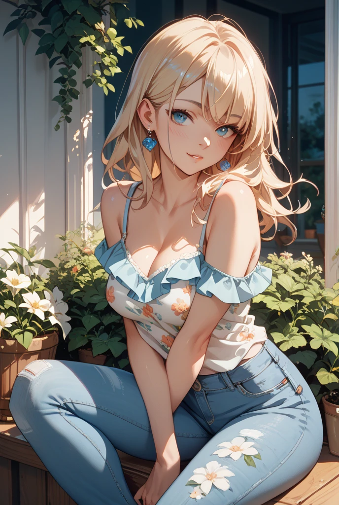 Draw Samantha, a female character with blonde hair reaching down to her waist, blue colored eyes. She is lying in the garden playing with her labrador dog, dressed in denim shorts and an Alcina blouse without a bra. The breasts are excited (breasts small). smirk on face. big and hot ass. Long hair up to ass.