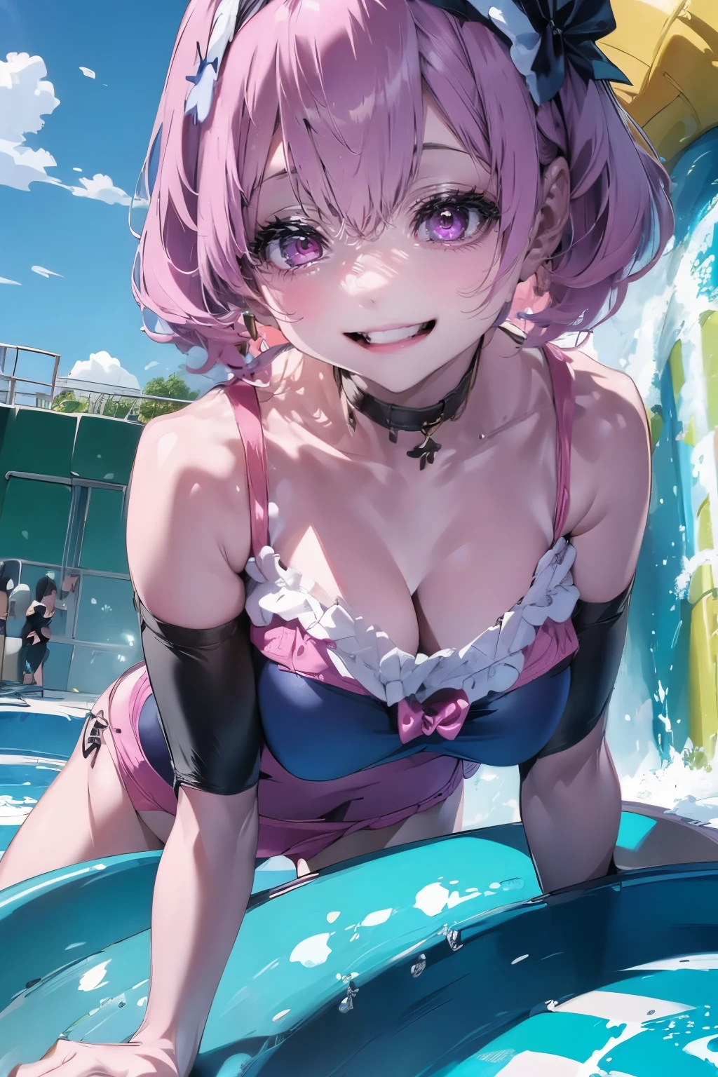Masterpiece, best quality, beautiful girl, beautiful face, pink hair, rabbit ears, swimsuit,