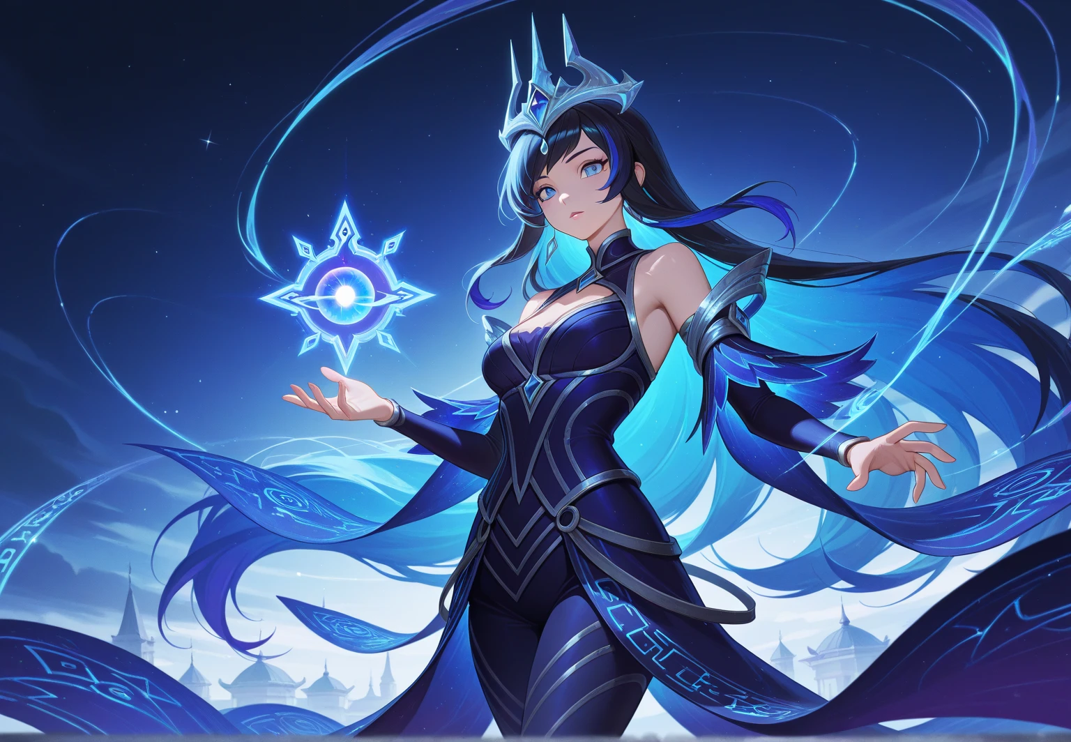 Renoa, blue duster, blue wristband, Half Body, Smile, Holding the necklace, An unrivalled masterpiece, Hyper-realistic 8K CG, Perfect work of art, Seductive pose, Sexy pose, Tempting, Clean, Pretty Face, Pure face, Pale skin, Intricate details, prestige, Gorgeous, luxurious, Fancy Dance Hall
