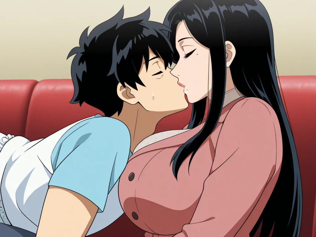 ung male, Red face, Black Hair,Shedding bangs to the right, Young man behind the girl, Touching the chest, Rubbing breasts from behind, grab, grabbing chest,chestgrab behind back, Remove your bra, Gripping the bra, Embrace, Embrace, Kiss on the neck, One Girl, Black Hair, Waterfall knitting, Red ribbon, Long Hair, Green Eyes, blue star necklace, Light Cardigan Pink, Open shirt, yellow shirt open shift, belly button, white bra, white Panties, cute, Open your mouth, whole body, Long sleeve, Cowboy Shot, masterpiece, On a date, Blushing, Bedroom, night, Sit on the bed,