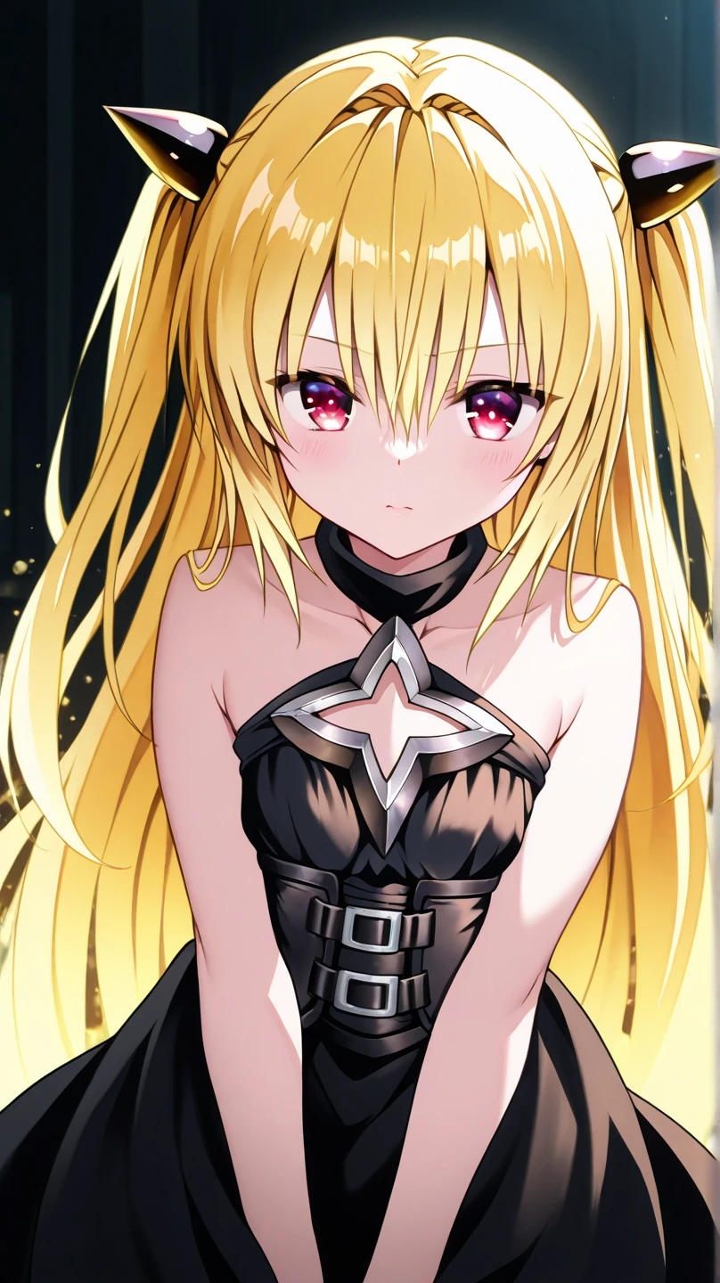 1girl,solo,cowboy shot,standing,(blonde hair:1.2),long hair,straight hair,forehead,center part,(purple eyes:1.2),(beautiful fingers:1.4),(perfect anatomy:1.4),(arms_behind_back:1.6),(cold_shoulder:1.2),(black leather lace glossy silk lamé leotard:1.4),(latex luster shiny glossy metallic:1.6),(shiny_clothes:1.6),masterpiece,best quality,(Ultra high definition eyes:1.2),8k,(Beautiful detailed eyes:1.2),(Fine and beautiful eyes:1.2),(pretty eyes:1.2),finely detail,extremely CG, absurdres,high resolution,illustration,Detailed and beautiful outlines,finely detail,high resolution,(colorful refraction:1.4,Increase saturation:1.2),beautiful lighting,dynamic lighting,closed room,black background,simple background, smile,looking at viewer,Ro Christus,(black capelet),(black garter belt:1.2),(black thigh-high socks:1.6)