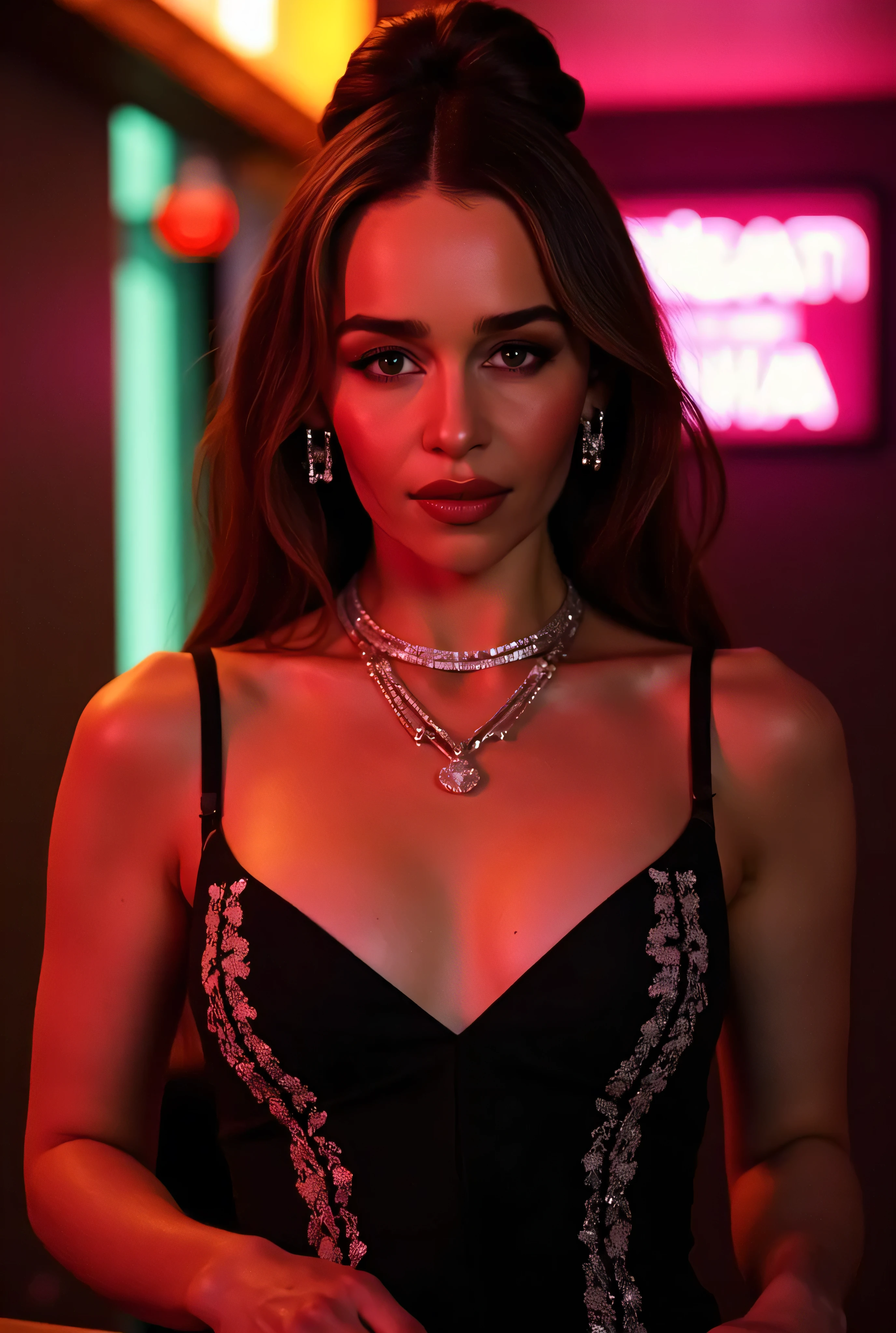 (RAW Photo, Best Quality), (Realistic, Photo Realistic: 1.3), Best Quality, Highly Detailed, Masterpiece, Hyperdetail, Realistic photo shot,(( beautiful model)), fashion hairstyle, curvy body, , ((( fashion erotic lace patches jumpsuit, fashion ))), strip club VIP area , dark light