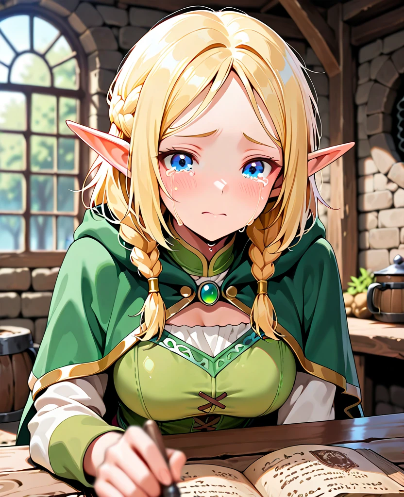 master-piece, bestquality, 1girls,16 years old, View viewers from ther upside, HD, slight smile, big tits, cleavage, tights cloth, , tiny body, under tits cleavage, look up, on kneels, aazelda, hairclip, pointy ears, puffy sleeves, long sleeves, tight pants, large hips, cum on face, ahegao, cum bath, open mouth, tongue,
