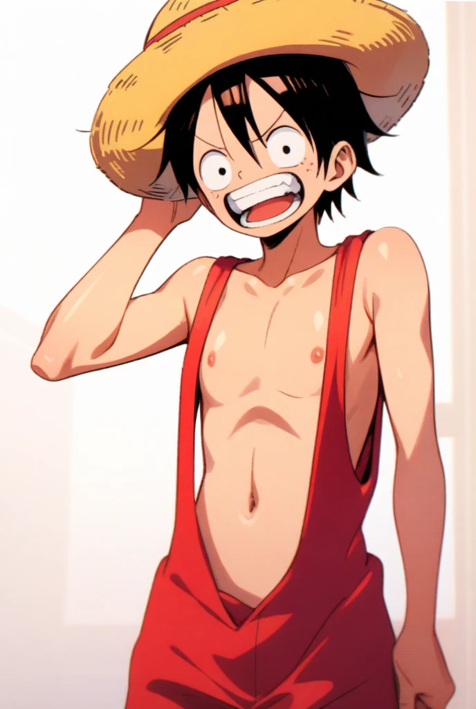 A highly detailed illustration of monkey d luffy, wearing a straw hat, scar under left eye, smiling, teeth, open mouth, cowboy shot, looking at viewer,black pants, red open shirt, luxury banquet  hall in background, scar on chest