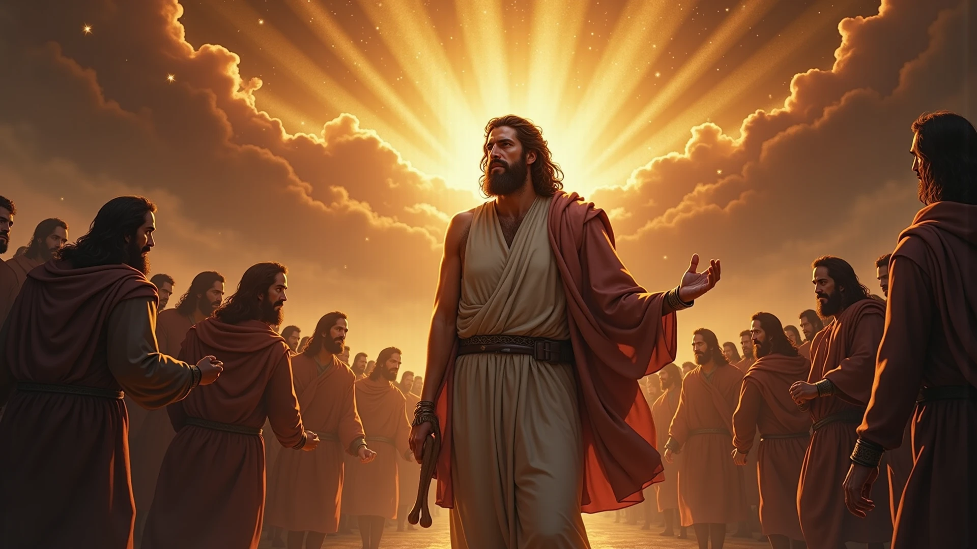 Hercules ascending to Mount Olympus, dressed in divine robes, Ancient Greece, surrounded by gods welcoming him as a hero, bright and celestial background with clouds and light, wide and uplifting shot, hyper-realistic, photo realism, cinematography --ar 1:1