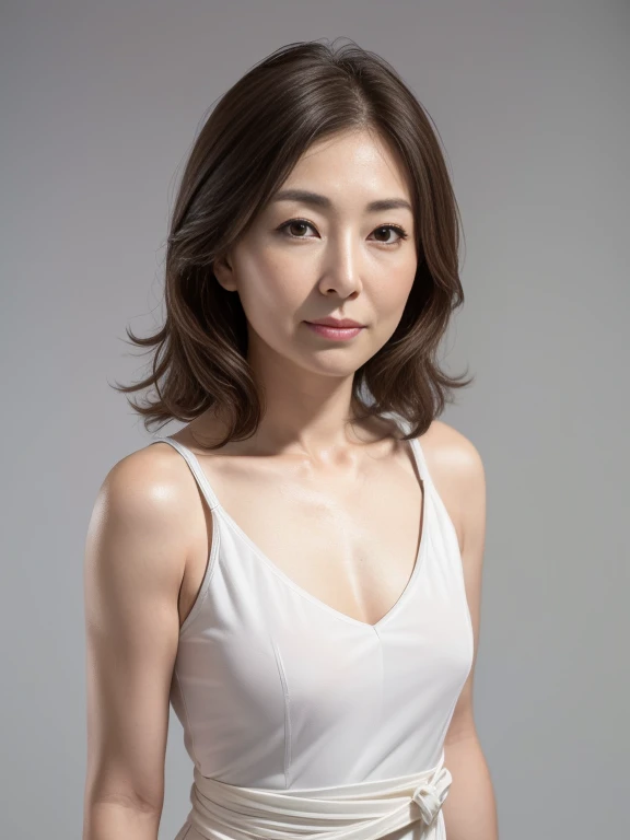 High resolution, High level image quality, high detail, masterpiece, rough skin, anatomically correct, sharp, gray background((japanese mature, 40 years old)), alone, ((facial wrinkles)), good shape big breasts, Straight light brown hair that reaches to the shoulders, Chubby body type (((stand upright, facing the center of the screen.))), Close your mouth and look straight ahead with a serious face, Transparent white tight dress, full body photo, from the back