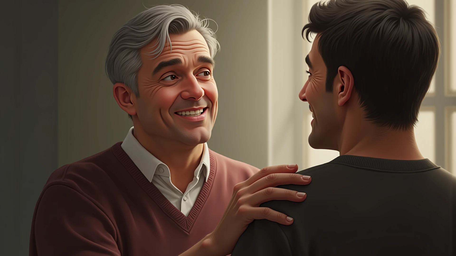 A closeup of a man hugging another man in a crowded area, Cinematic realistic portrait, Beeple e Jean Giraud, fantasy art smug smile man, cinematic digital painting, Retrato VFX altamente detalhado, Wojtek FUS, arte conceitual ultra realista, Arte conceitual 4K e hiper realismo, retrato vfx altamente detalhado de, arte conceitual hiperrealista, Personagem close up