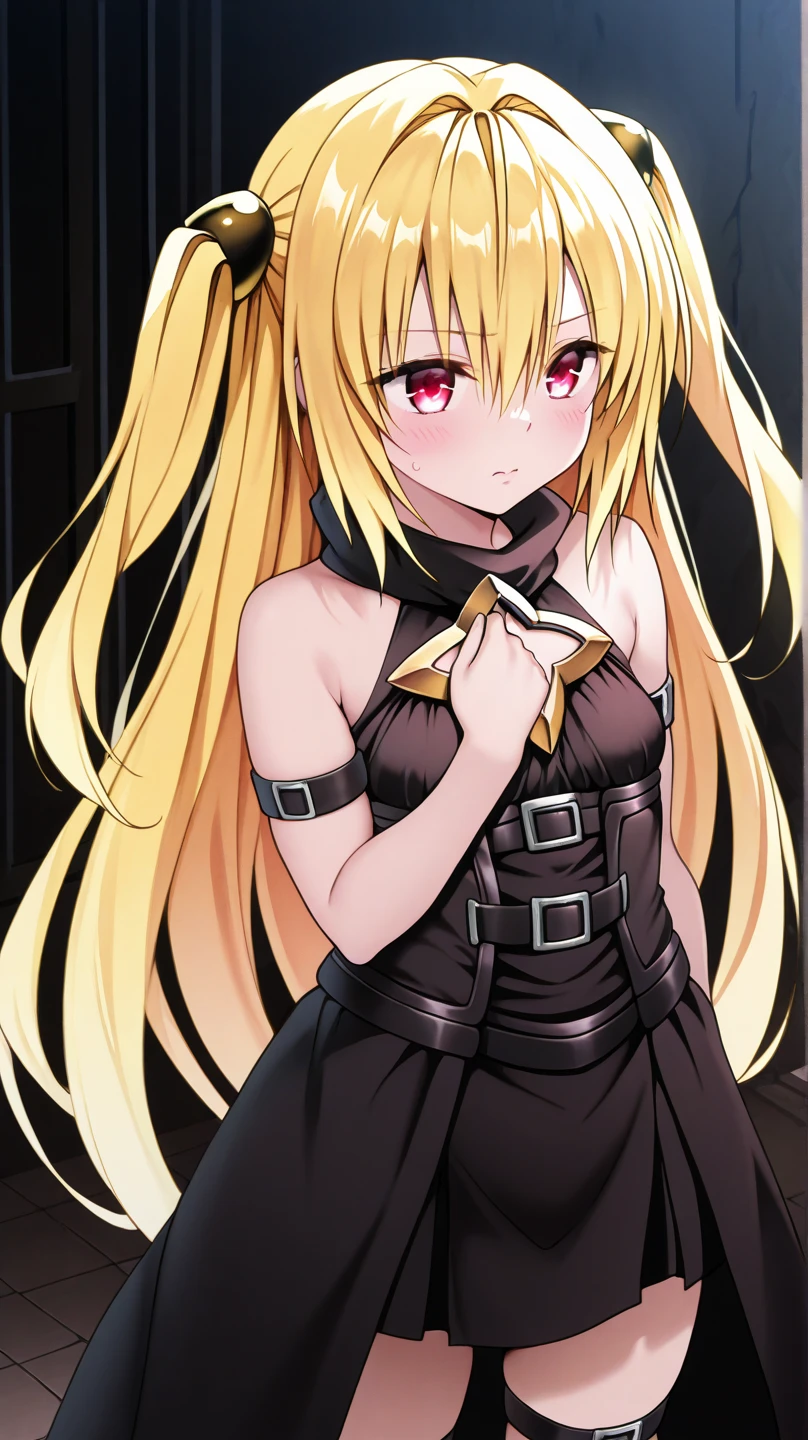 NSFW,masterpiece,Highest quality,High resolution,Very detailed,Golden Darkness\(To Love-Ru\),Blonde,Red eyes,long hair,Two Side Up,Small breasts,Black Dress,Sleeveless,Removable sleeves,belt,Cleavage cutout,Cutouts for clothes,Thigh straps,Knee socks,hair ornaments,(Lustful face),Glare,blush,Are standing,Nightlife,Alley