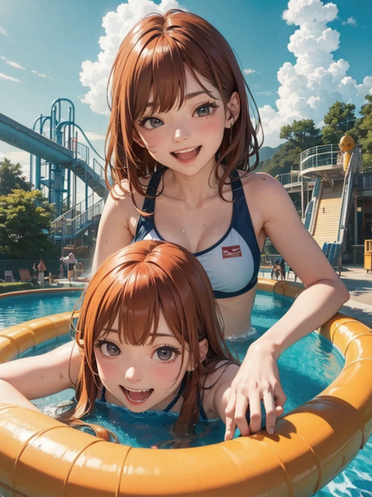 ore no imouto ga konna ni kawaii wake ga nai, 25-yers-old girl with crimson red hair - pulled up into twintail, wearing an anime one piece swimsuit, smiling, beach cove background, full body portrait, kneeling