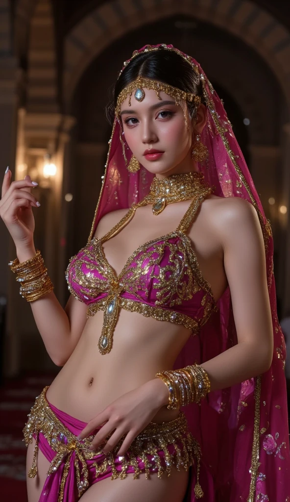 Detailed face of a 15 year old Thai girl with expressive brown eyes and full lips, she&#39;straight, Dark brown hair that flows down to the shoulders.. she is adorned with gold jewels, Comes with a beautiful gold headband, sheの外見に王室の優雅さを加える. A girl stands in front of a grand Hindu temple in Thailand, Wearing gold patterned clothing, A see-through micro bikini that accentuates her large breasts, Ample breasts, sheの若さ々Emphasizing new charm and vitality. goddess, sheの大きな, Rich curves and a captivating presence, she is performing a graceful dance in front of the statue...,