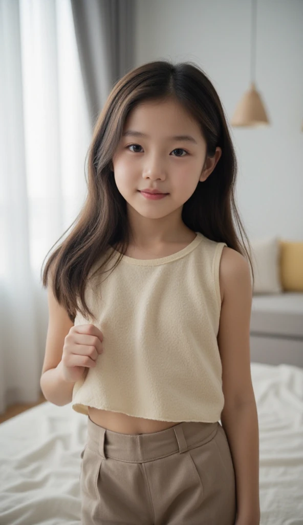 beautiful 10 year old, dark brown hair, long hair, baby face, small, Using Shorts, realisitic, Grinning