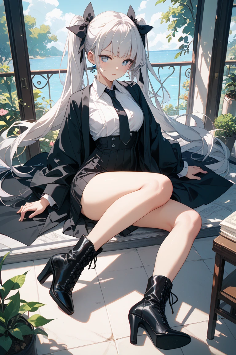 Raise your heels, sit down and show your buttocks from the front, hold your knees, white panties, blazer jacket, long hair, realistic, photographic, cute,