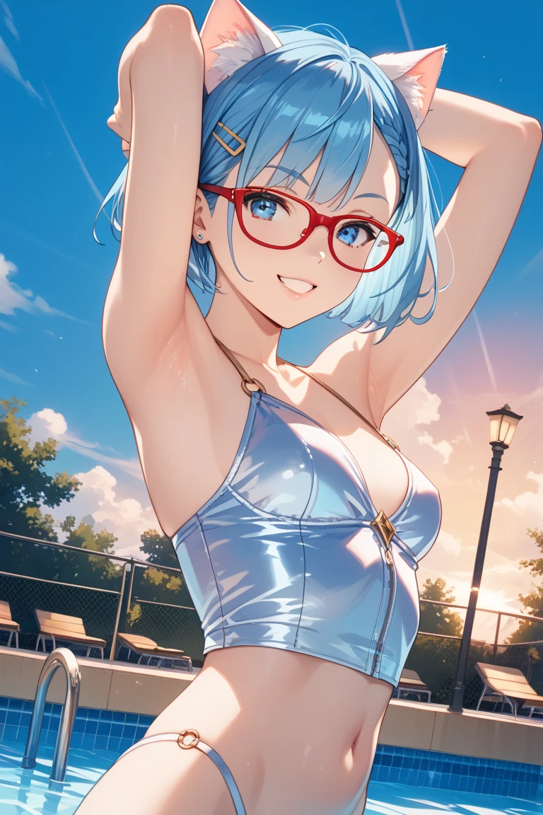masterpiece, best quality, highres, ram1, 1girl, solo, rem \(re:zero\), blue hair, short hair, red eyes, round glasses, hair over one eye, horny expression, ribbon trim, hair ribbon, x hair ornament, frills, loose crop top, short crop top, see trough, nipples, wet tank top, light blue panties, see trough panties, tranparent panties, wet panties, cameltoe, small breasts, cleavage, sweating, cum over the body, hair flower, outdoors, sexy pose, smile, perfect background, perfect light
