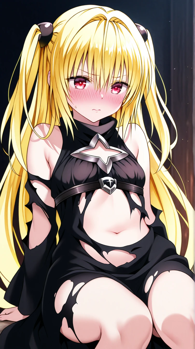 DarknessLora, blonde hair, red eyes, very long hair, horns, claws, choker, hair intakes, loincloth, profile, ((child:1.2)), ((close-up:1.1))
