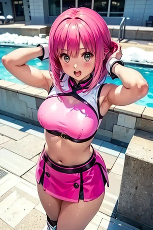 (((best quality))), ((ultra-detailed)), (((masterpiece))), (illustration), ((an extremely delicate and beautiful)), ((super detail)), ((high resolution)), (((20 years old))), ((metallic cloth)), (cheerleader), (super heroine), (android), delicate metal decorations, gleaming skin, shiny body, two legs, breast focus, (((tall))), slender legs, ((big round eyes)), cute eyes, drooping eyes, ((adult)), two hands, five fingers, no extra hands, elegant smile, braid, ((metallic blue)), (see-through), (dark pink hair), (((ultra-huge breasts))), (shining brightly), outdoor, mini skirt, daytime, ((biopunk)), (hair shorter than shoulder), (medium length hair), gynoid, (metallic shining competition bikini), city, ((midriff-baring outfit)), (spread legs), camel toe, sit with legs stretched out, nsfw, ((((female masturbation)))), flood of pussy juice, (right hand on the clitoris and left hand on the breast),