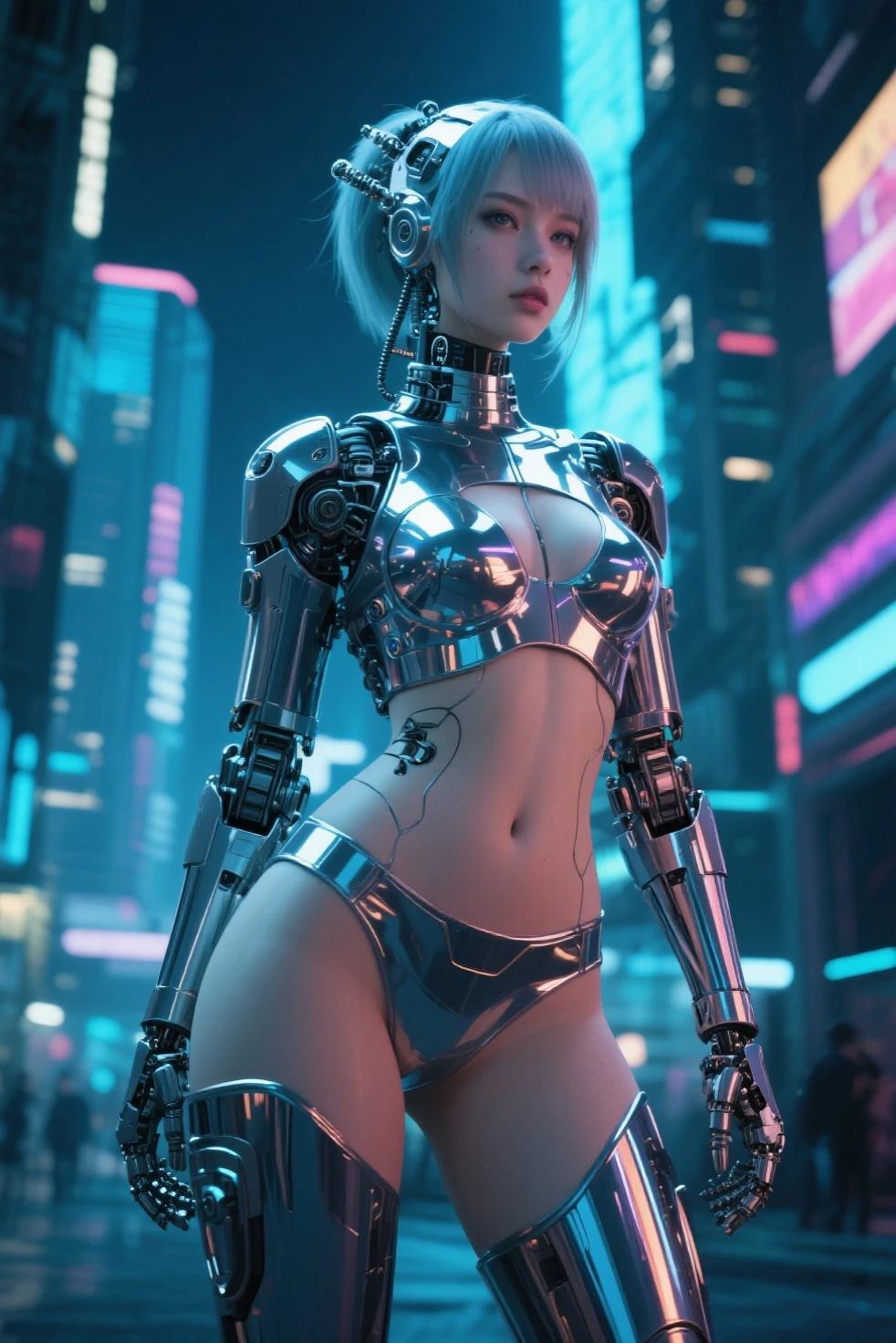 highest quality、surreal、perfect anatomy、crowded downtown area、Wet and shiny white skin、model body shape、silver hair、black micro bikini、nine-headed body、blush、collar and leash、Ahegao、cyberpunk edge liner、cyberpunk city、