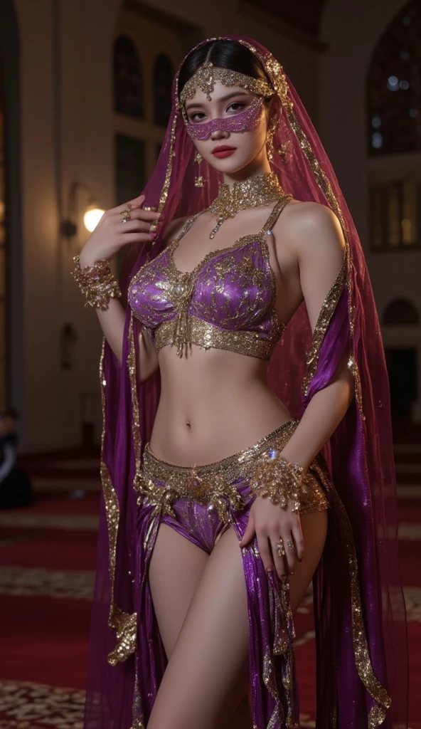 Chinese girl with coins gold , thick body, curvy body, curvy waist, big breast, white skin, gorgeous costumes embroidered with intricate embroidery, exposed breasts, flowing tulle, transparent long colorful ribbons tied on the arms, inspired by chinese movie, showing navel, bare shoulders, bare neck, hair in a high bun with flower hairpins, ribbons on arm rings, wreaths, bracelets, anklets, high heels, metal chain tassels on the waist, Mogao Grottoes art, ink painting, cgstation pop, in the forest, ((fullbody)), ((super realistic)), 