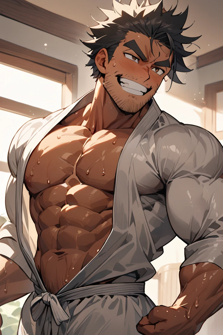 Katsuki Bakugo from Boku No Hero Academia, wearing gray sweat pants, smug smile, bodybuilder, defined body, shirtless, abs, big legs, white empty room, sexy, seen from below