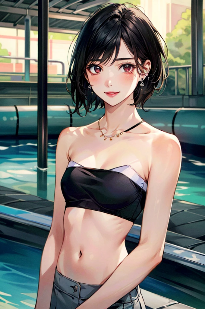 woman, イエローピクシーショート hair, androgynous, angel halo, smile, pool, swimwear, sitting on a bench, eating shaved ice