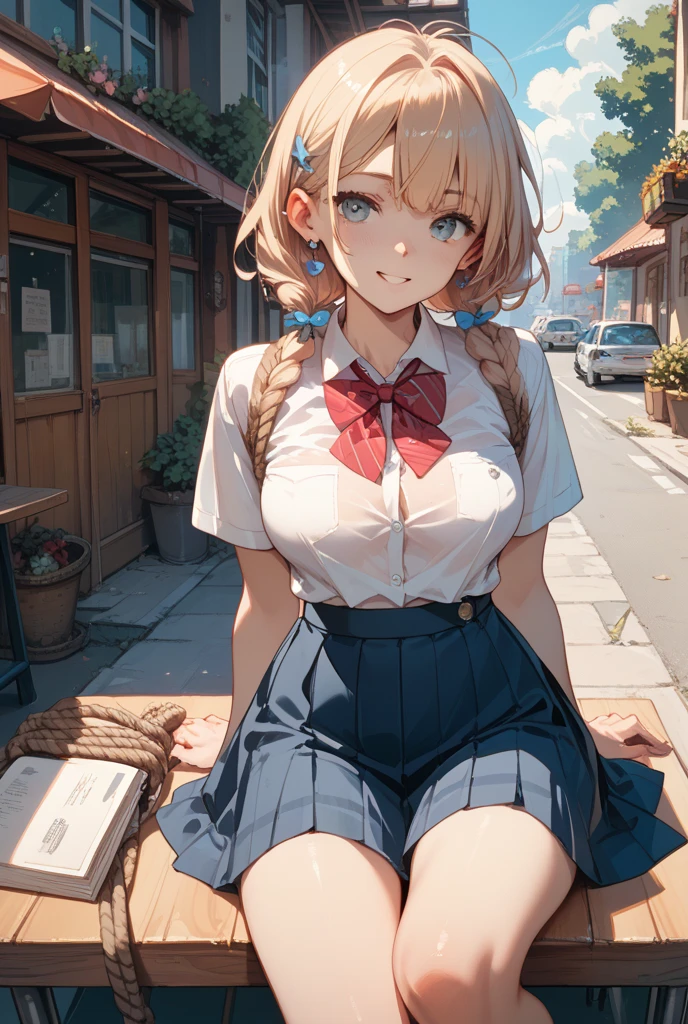 (highest quality)), ((masterpiece)), (family friendly), Perfect Face,Shiny skin,Beautiful breasts,red eyes,Shiny skin、Sunburned skin、Sweat、Off the shoulder、Double teeth、(((akaihaato)))、Big Breasts,(((Milking)))、(((Prone、{school uniform,Short sleeve shirt,BREAK,(Checked skirt:1.2)))、(((See-through)))、(((sweat)))、(((Wet)))、(((peace sign)))、(((Blonde)))