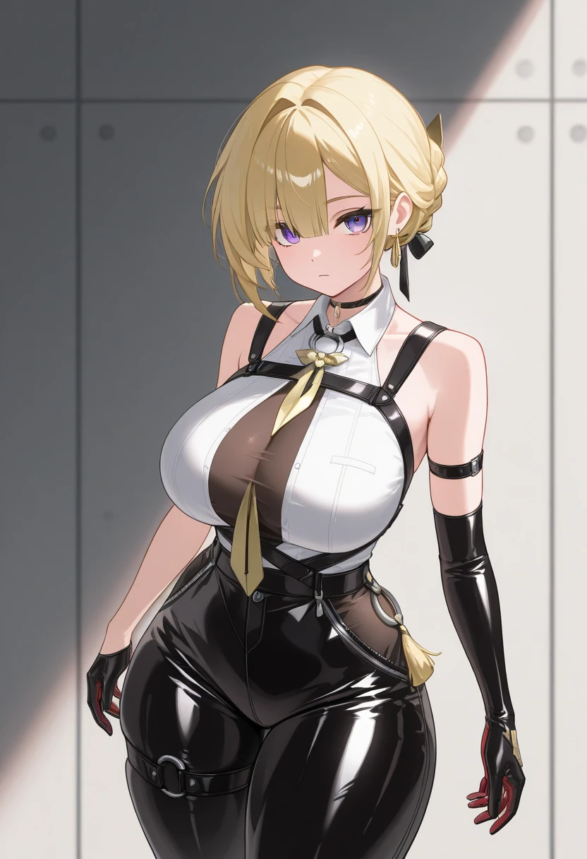 1girl, blonde ponytail, smiling, large breasts, sexy pose, standing