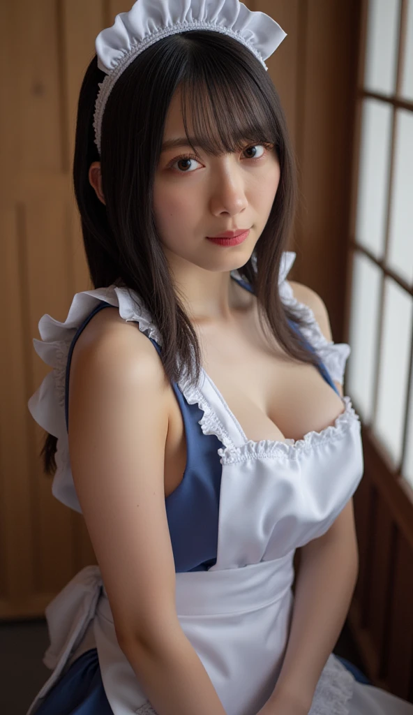 8K quality、High resolution、Maid、Realistic skin texture、Clean the windows by stretching、High resolutionの肌、Grabbing the breast、Blonde ponytail、thin、Small and young breasts、Beautiful cleavage、blue eyes、thin脚、Full Body Shot、Wetting、白と黒のMaid服