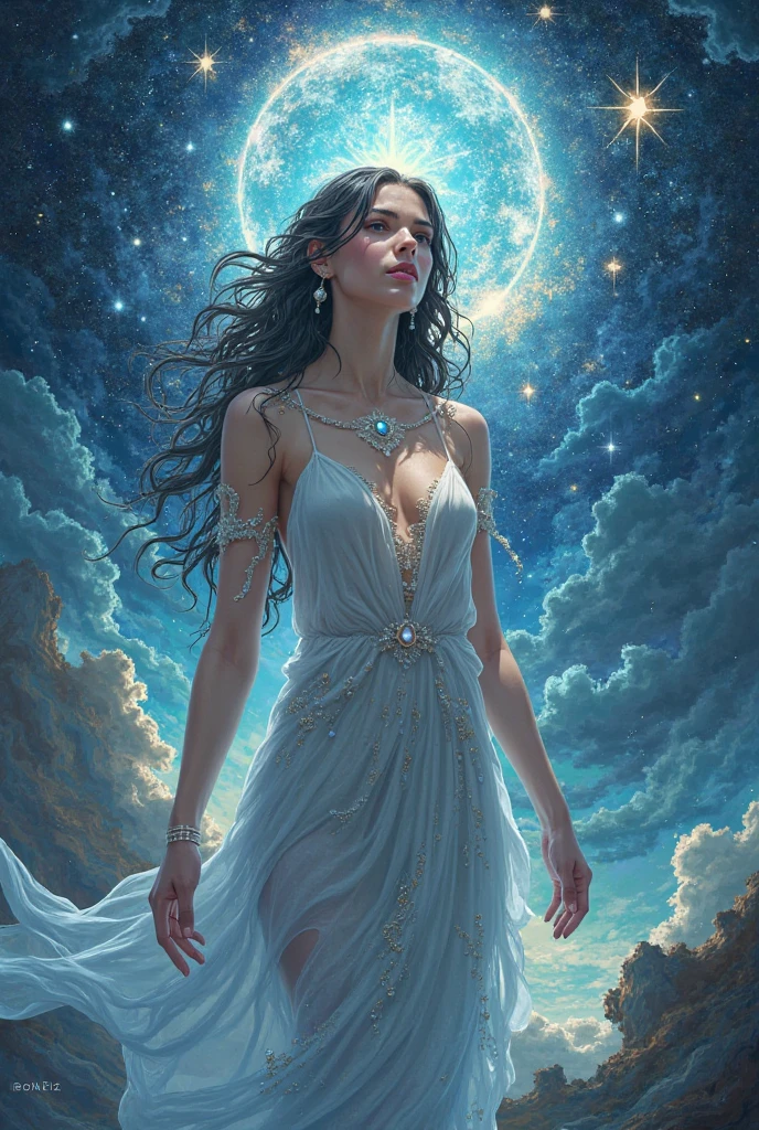 The Greek goddess, with dark hair and blue eyes, exuding unparalleled beauty and grace. She has a celestial aura, with hair as dark as the night sky and eyes that sparkle like stars. Her attire is elegant, adorned with elements that reflect her dominion over space rocks. She stands in a majestic pose, surrounded by a cosmic backdrop with stars and celestial bodies. Have a 12 small rocks orbiting her