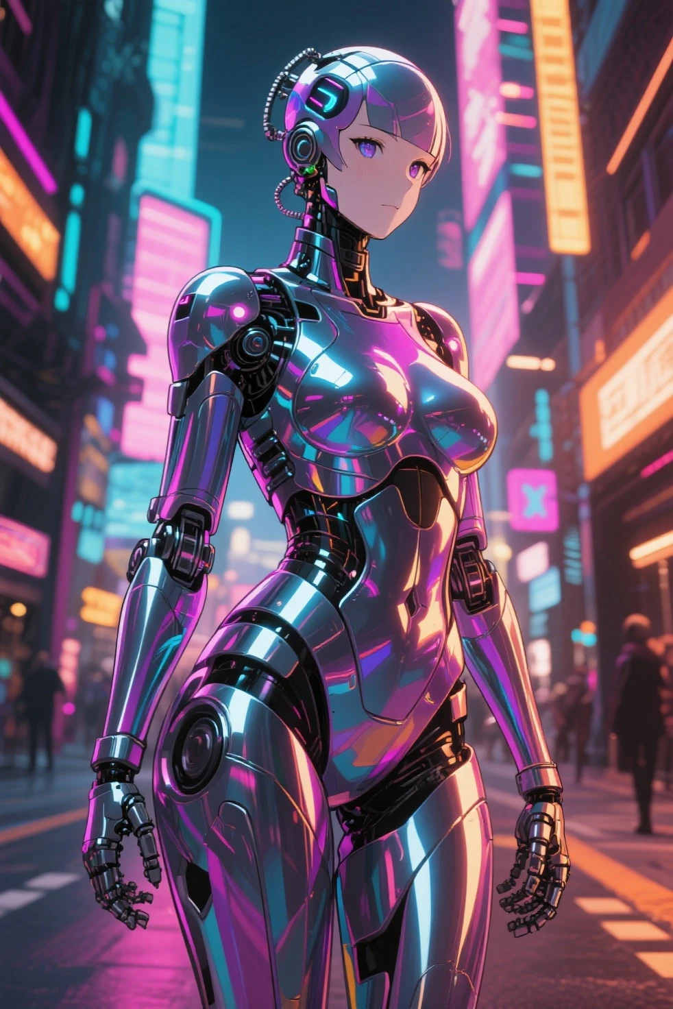 asian woman 25yo, Brunette head, dance, Anxiety, , iridescent metallic colors transparency, (seductive pose:1.5), high-tech, futuristic, volumetric lighting , city background