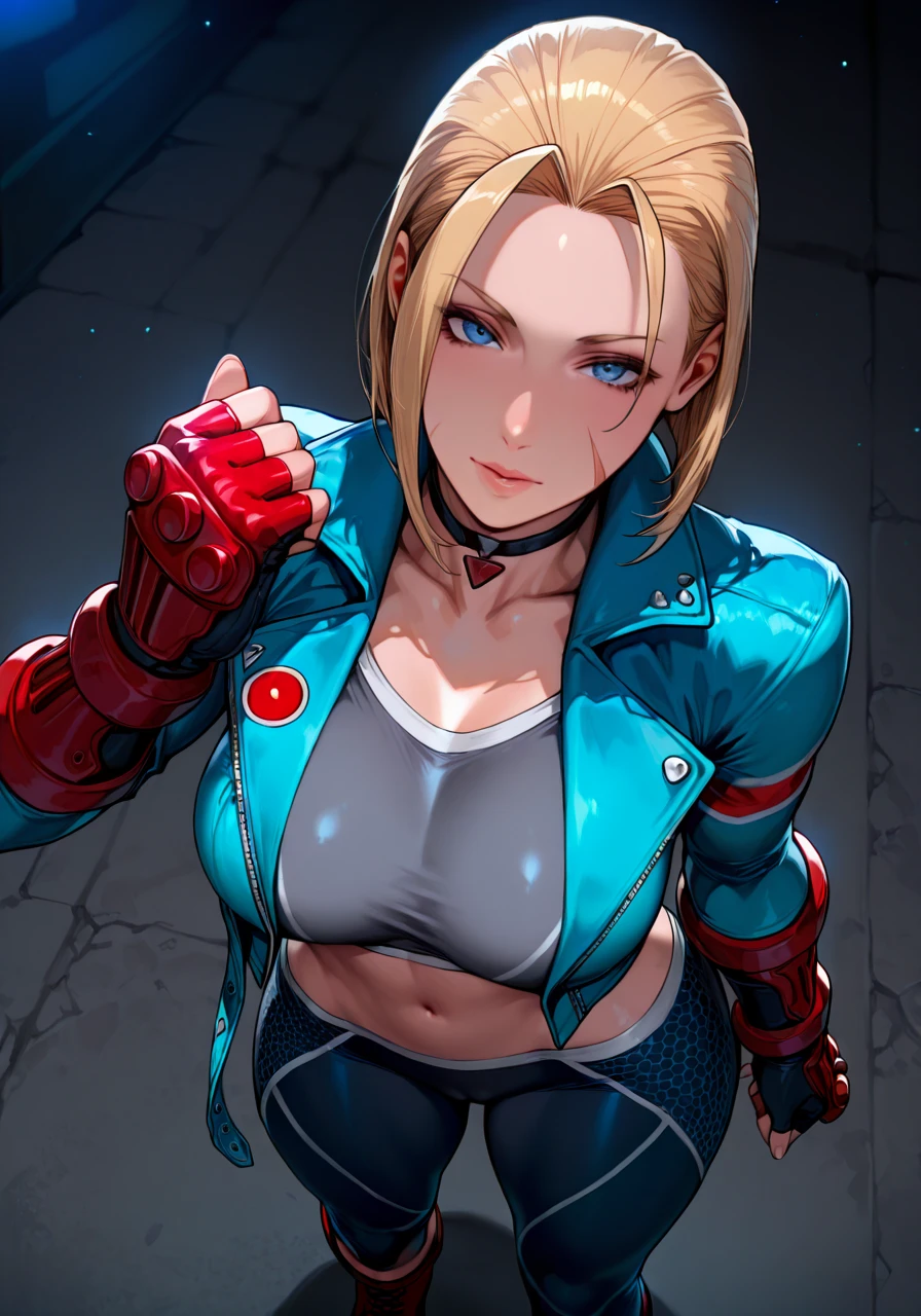 1girl, aged up, sadistic, AngelMS, solo, large breasts, blurry, blurry background, tech, training, (dollsuit:1.3), (Blue leotard, black leotard:1.3), fingerless gloves
