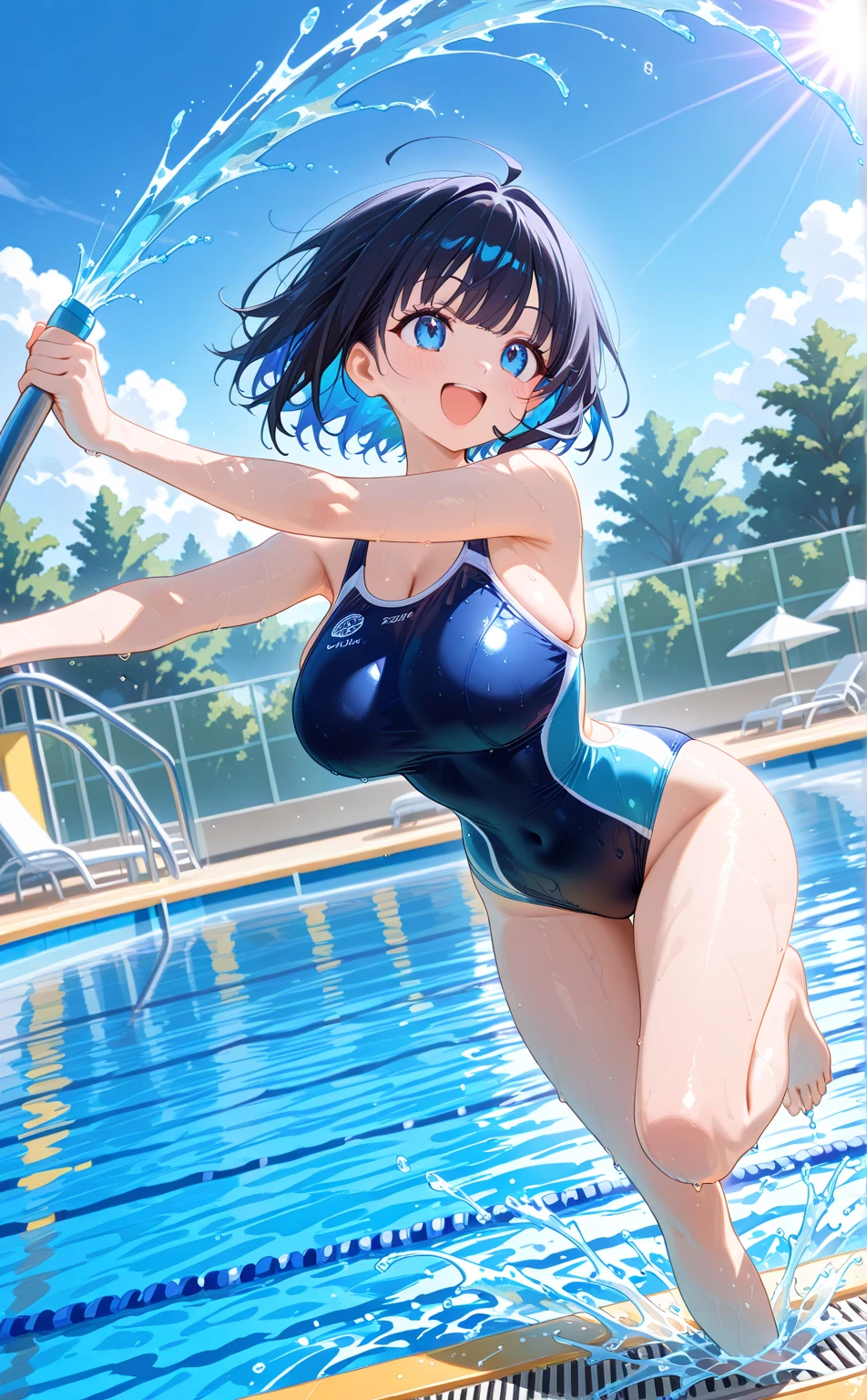 Anime Kawaii sexy Perfect Slim sensual body large breast and huge thighs, An intricate and highly detailed illustration of anime (Young girl) Highest quality、masterpiece、(1 adult female:1.3)、(Soft bust:1.2)、nature 、Girl in competitive swimsuit,beautiful,smile,Pool,Tempting,((Looking at the audience)、Textured skin、(smile)、blush、(Blue summer sky:1.3),(Beautiful background of beach pool:1.3)