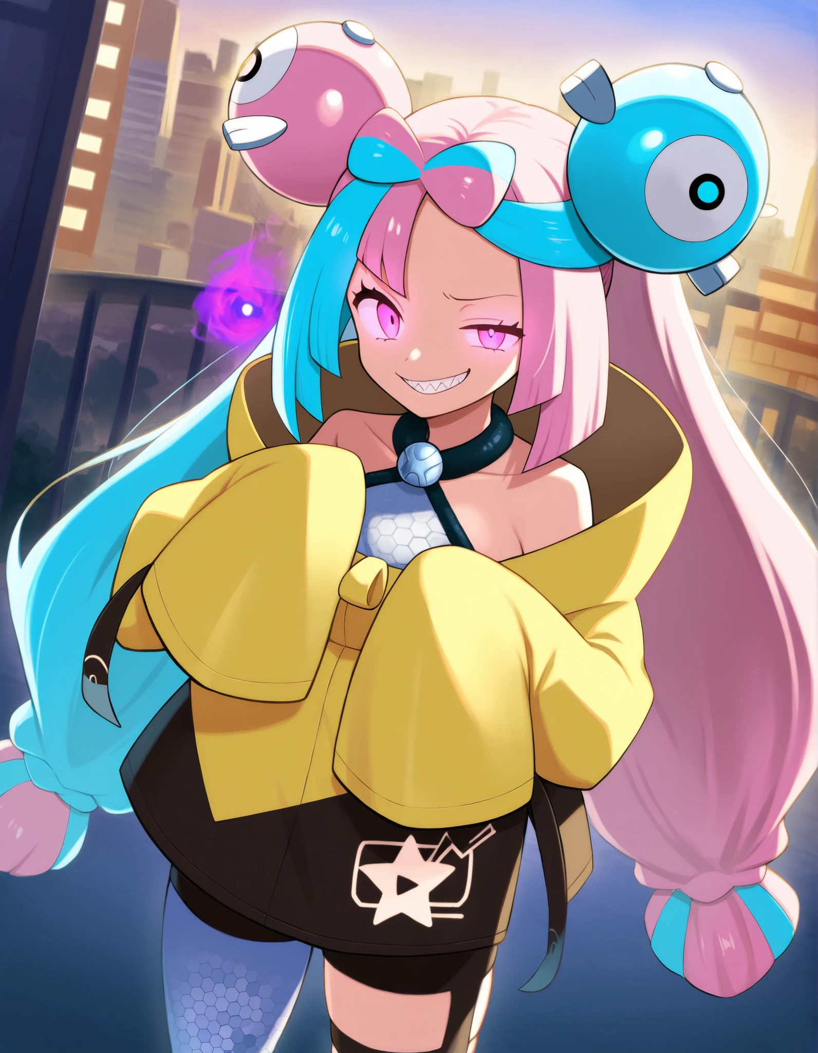 score_9, score_8_up, score_7_up, source_anime,
Pokemon,
Pokemonイオノ, blue hair, Bow-shaped hair, character hair accessories, hair accessories, long hair, low-tied long hair, Multi Colored Hair, pink hair, sharp teeth, two-tone hair, twin tails, two-tone hair, pink eye, smile,
asymmetrical legwear, Bell, Bow-shaped hair, character hair accessories, Hexagon print, clothes that are too big, Pantyhose, single leg Pantyhose, two-tone hair, jacket, yellow jacket,
Outdoors, cityscape,
stares at the viewers, cowboy shot, Dutch angle,Possession,rubbing one's chest