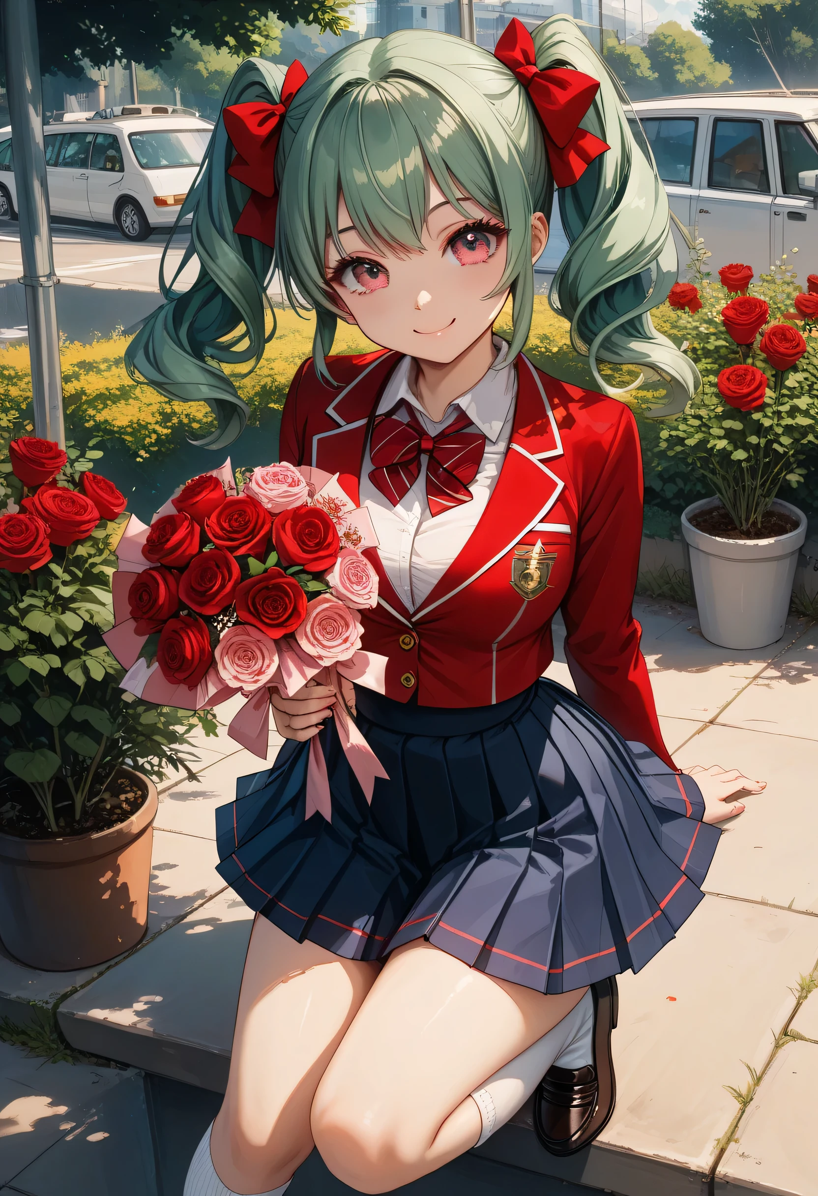 masterpiece, best quality,1 cute girl,pink ribbon, (green-hair:1.3), straight hair, (high twintails:1.3),pink eyes,put on shoes, (eyelashes:1.3), (:0.8),, (cute smile:1.3), (holding roses bouquet:1.3), school uniform, (red-blazer:1.3), (and school emblem:1.1), (red-chest-bow:1.3), BREAK black-pleated-skirt, (high waist skirt:1.3),  (white-high-socks:1.3), (black-loafer:1.3)