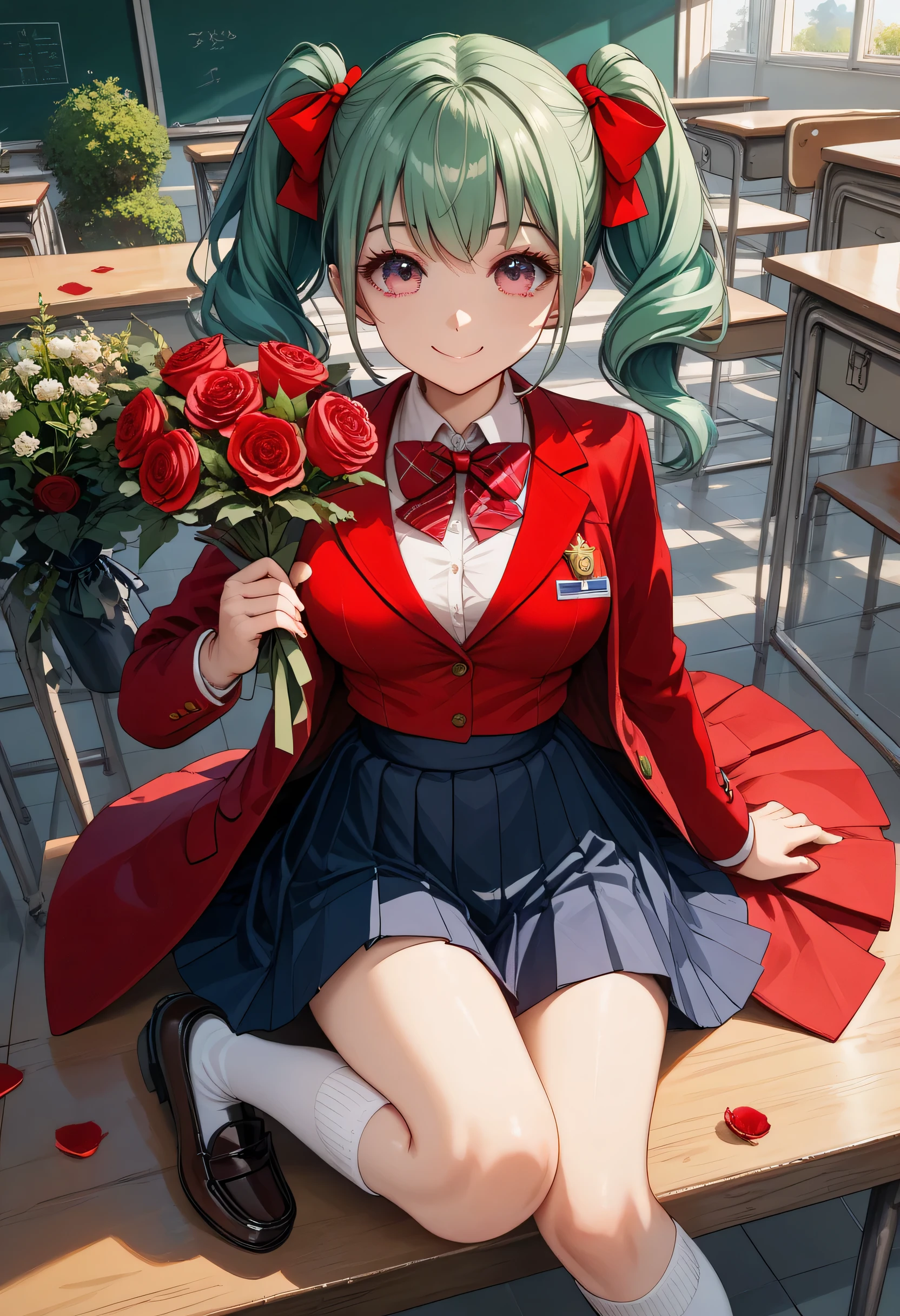 masterpiece, best quality,1 cute girl,pink ribbon, (green-hair:1.3), straight hair, (high twintails:1.3),pink eyes,put on shoes, (eyelashes:1.3), (:0.8),, (cute smile:1.3), (holding roses bouquet:1.3), school uniform, (red-blazer:1.3), (and school emblem:1.1), (red-chest-bow:1.3), BREAK black-pleated-skirt, (high waist skirt:1.3),  (white-high-socks:1.3), (black-loafer:1.3)