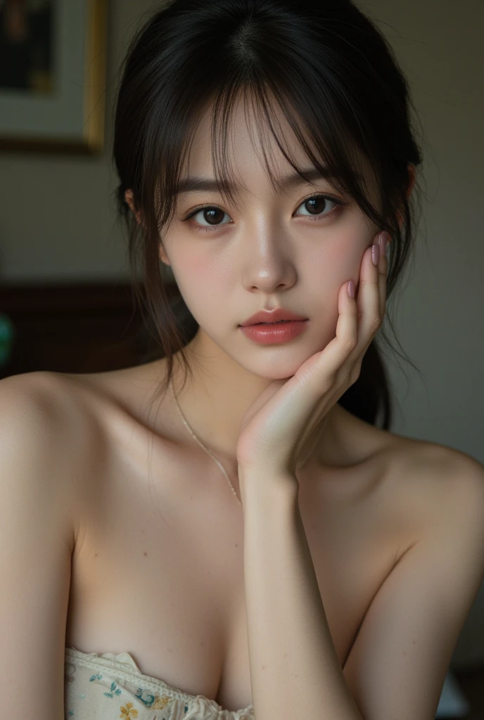 Highest quality、Ultra-high resolution、(Realistic:1.4)、((Full nudity))、Beautiful Eyes、Beautiful breasts、Realistic skin texture、Thin pubic hair、NSFW, 8K quality, 8K Ultra, 10x more pixels、Highly detailed cute face、Detailed lips、Detailed eyes、double eyelid、Natural Makeup、（Kind eyes）、((cute))、Perfect balance、Short Hair、((Very soft breasts))、((Realistic skin type))、((Realistic Skin))、(Saggy breasts)、((Sense of presence))、(Very realistic)、((Sweaty body))、((I&#39;ll make you feel good with sexual service))