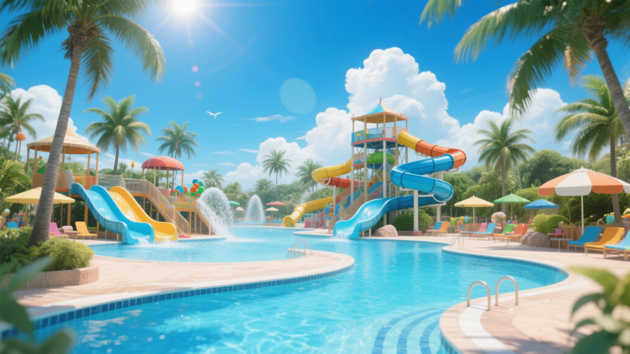  water park,  water park temático, Swimming pools, water slides, recreational area, tropical landscape, palm leaves, blue sky, white clouds, Bright sunlight, photography, concept art, digital illustration, 4k, ultra detailed, realista, hdr, studio lighting, vibrant colors, bokeh