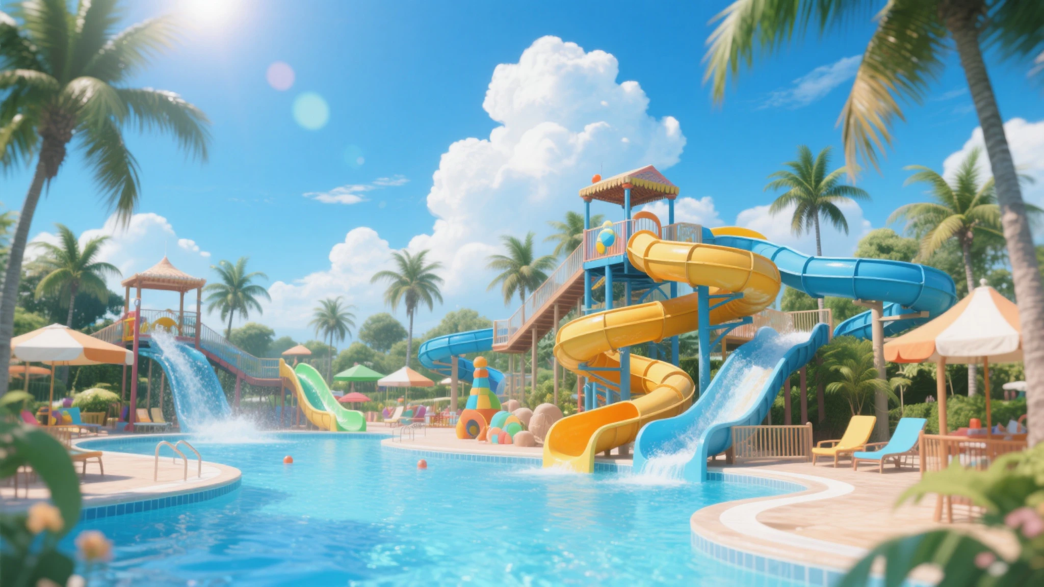  water park,  water park temático, Swimming pools, water slides, recreational area, tropical landscape, palm leaves, blue sky, white clouds, Bright sunlight, photography, concept art, digital illustration, 4k, ultra detailed, realista, hdr, studio lighting, vibrant colors, bokeh