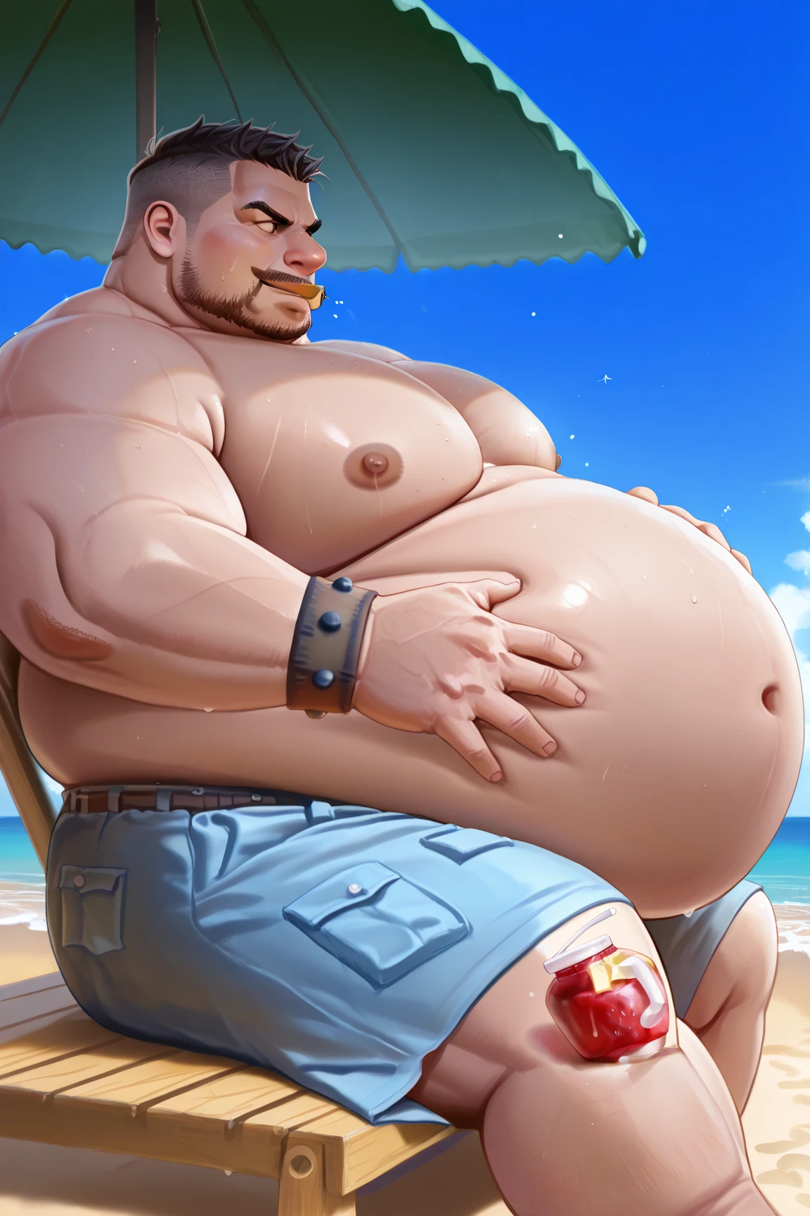 horikoshi kouhei, absurdres, Endeavor, red hair, brown eyes, boku no hero academia, chama kou, highres, male focus, muscular, muscular male, large pectorals, short hair, spiked hair, 8k quality, beach, (Endeavor, detailed eyes, detailed face, (((full body))), visible foot, barefoot, (((standing on a the ground))), (((crossed arms))), red hair, red eyes, ((light smile))), looking at you, embarrassed, blush, looking from down, masterpiece, best quality, male focus, upper body, handsome, male, gay, smooth and sharp focus, Wet body, one penis, (((XXL up penis semen dripping))), (((nsfw))), (((emphasizing the extraordinary size of huge pregnant belly)))