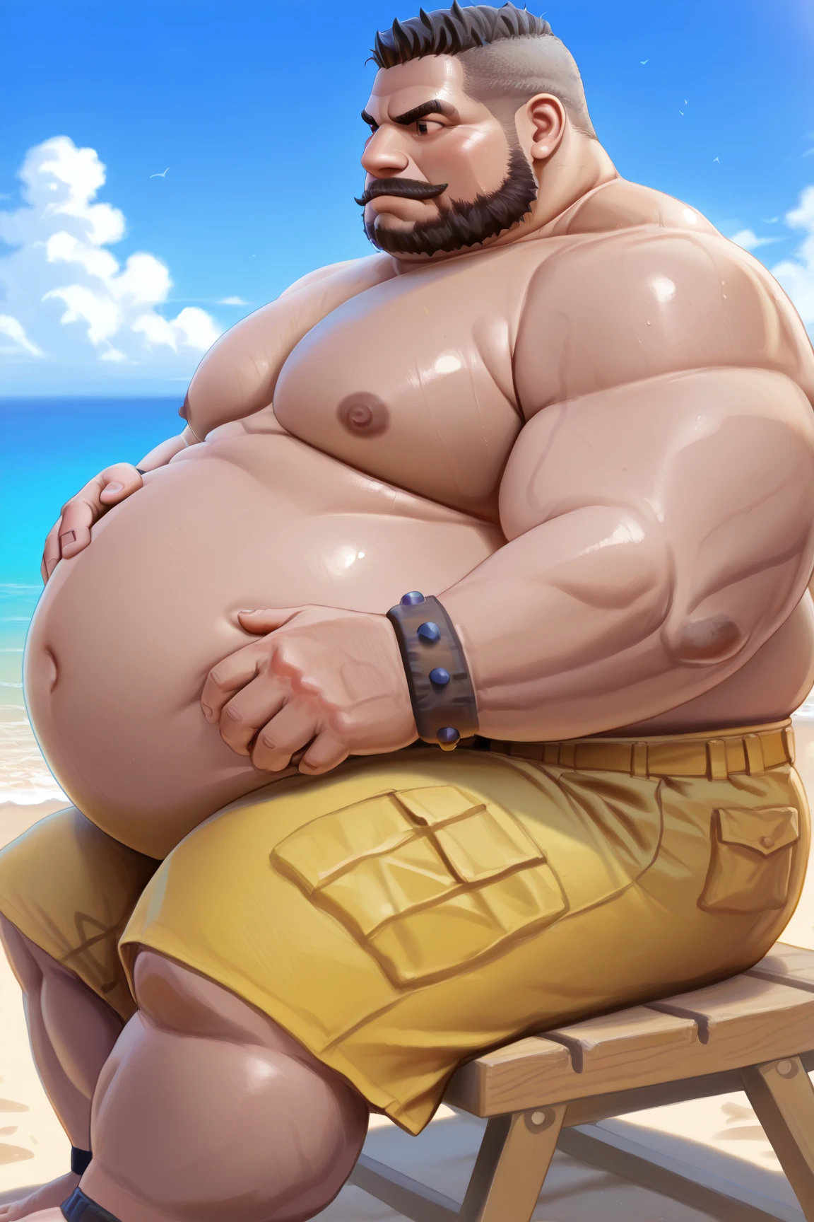 (((Carrancudo, iguinorante, zangado, irritado, obesidade, coxas muito grosso, virilhas expostas, Um velho homem obeso de 56 anos de idade, super gordo, super gordinho))), He's sitting on a beach chair drinking coconut water, he she wearing only male speedo various colors, Baburdo, Hair various styles, multiple colors, He's very bearded, babar completo, extremamente barbudo, he is very happy, cor de pelo variada, jewelries, Nordic cables, Nordic bracelets, watch, copos de praia --auto