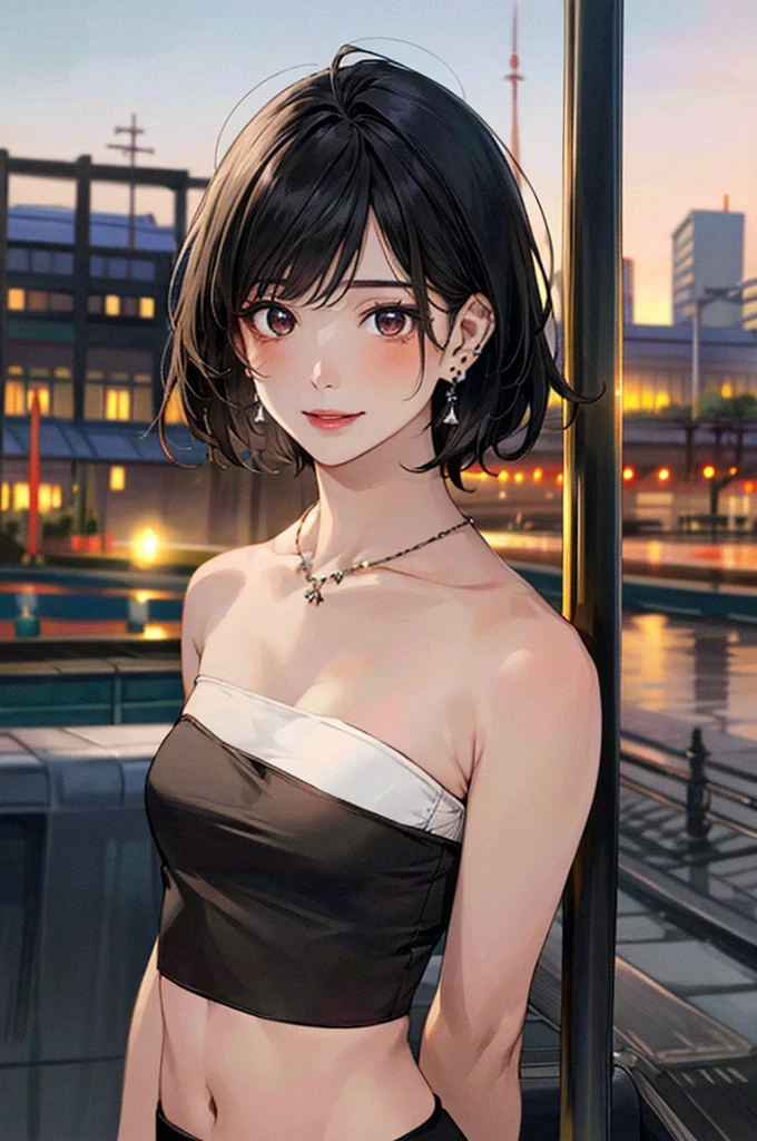 40-year-old Japanese woman、Big smile、The moment you get out of the car、Long bob cut with black hair、Perfect Makeup、Glossy pink lips、Black off-the-shoulder sweater、Long skirt、High heels、Surrealism, depth of field, masterpiece, super detail, best quality, 8k