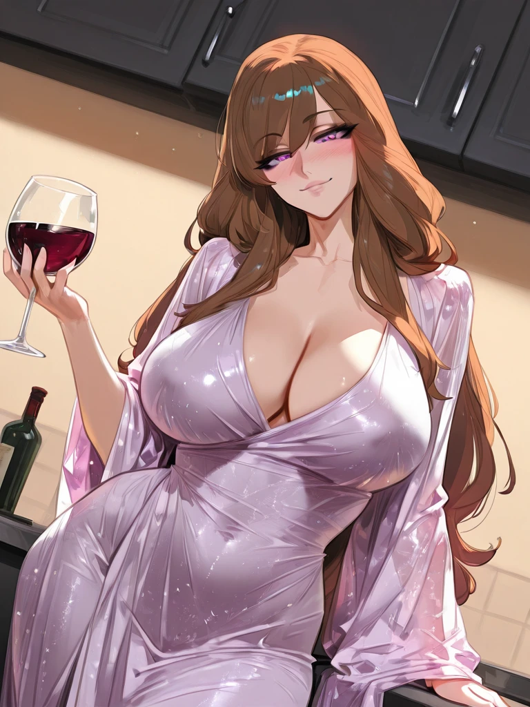 Female 45 years, brown hair, purple eyes, thick, huge breasts, home, deep cleavage, wine glass, home clothes, mature face, calm face, smile, curvy, voluptuous, breasts our, see through clothes, sexy, medium hair, mature women, milf, long face
