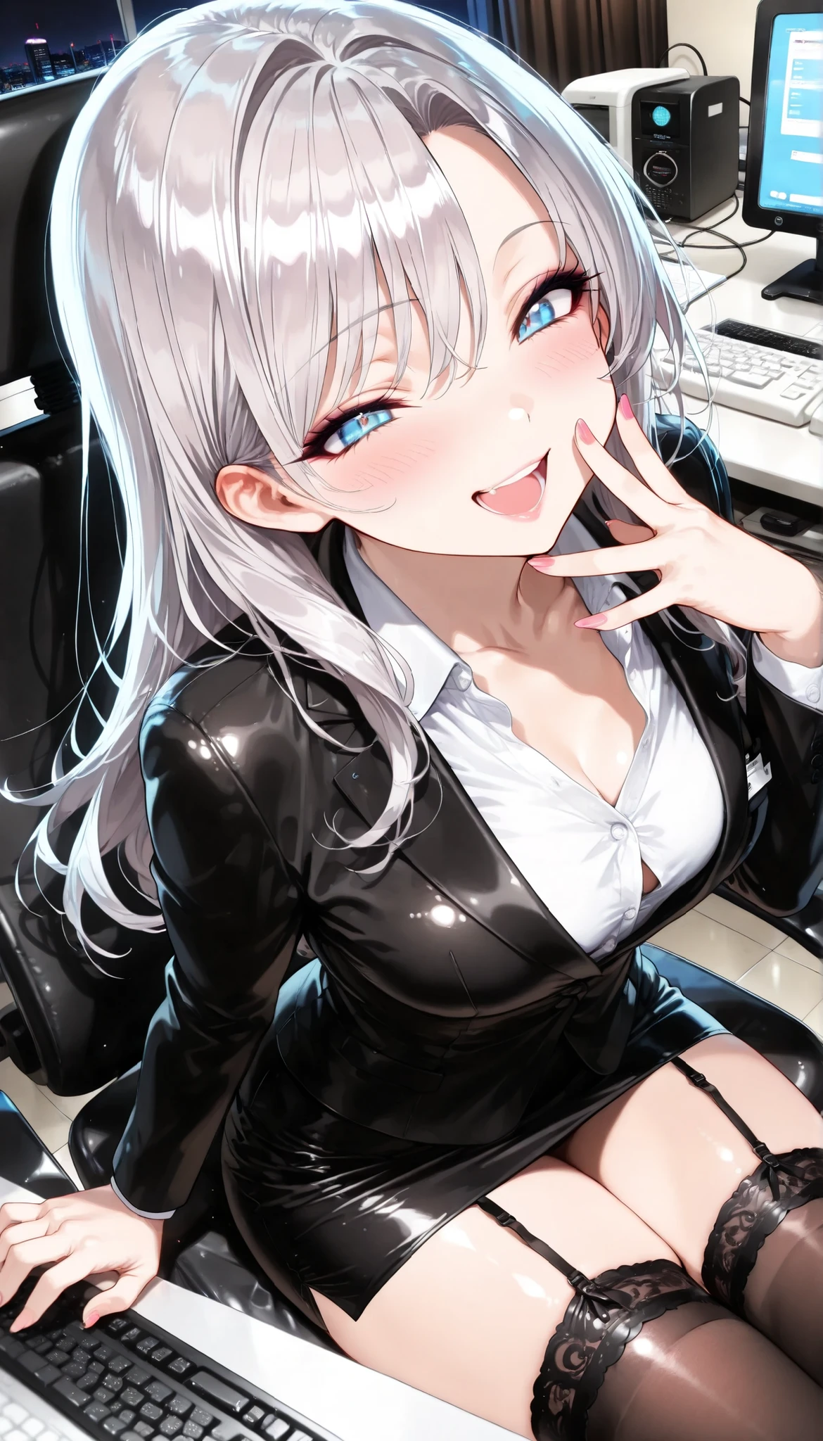 1 Beautiful Girl , sexyなモデル体型の女性, ( Silver Hair, Mullet hair, Small Face), (blush, Laugh), beautiful shining eyes:1.1, luscious lips from nastiness, very detailed目と顔, long lashes, Perfect Face, (black suit, shirt, slit pencil skirt, garter stockings), Beautiful fingertips, 4 fingers, sexy:1.2, opening, sit, cowboy shot:1.2, Office view:1.2, PC, keyboard, printer , OA machine, Night Office Background, (Highest Quality:1.2, very detailed, CG illustration, masterpiece:1.2, Best Aesthetics),