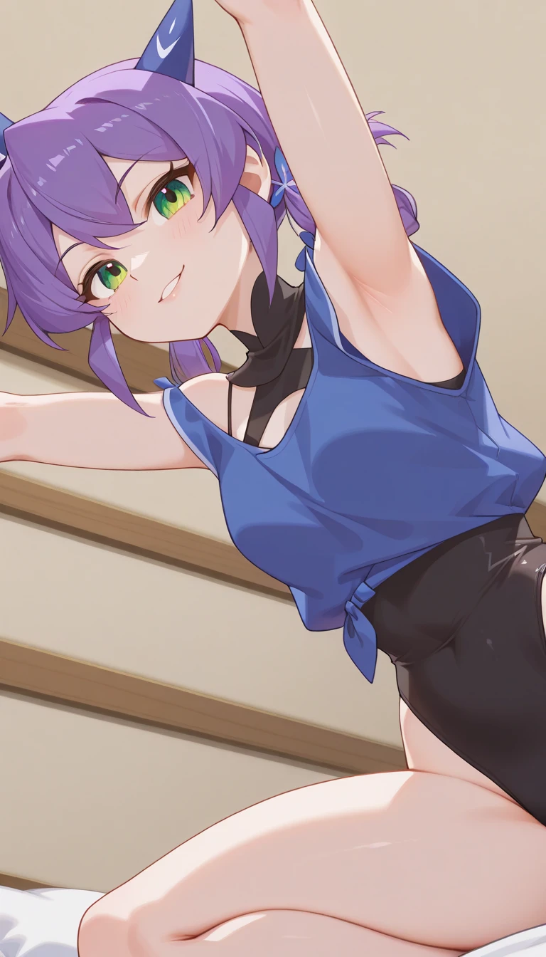 Anime boy with purple hair and blue leotard poses for photo, Violet Leotard, Ecchi anime style, Seductive Anime Boy, He has purple hair, anime moe art style, vector shaded anime, In anime style, Boy in Leotard, (anime boy)