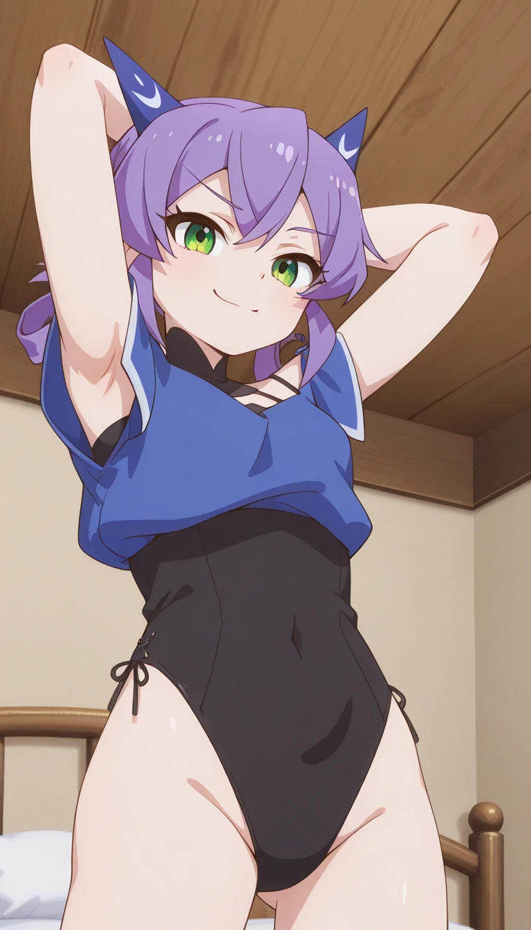 (short:1.4), ((sherry:1.6)), official anime artwork, official artwork, anime moe artstyle, dreamy psychedelic anime, anime wallaper, anime visual of a cute girl, official art, fanart, masterpiece, best quality, high resolution, 8K, 4K, looking at viewer, smile edgYSD, collar, (purple hair:1.4), multiple ahoge, (dark red-gold eyes:1.2), gold eye accent, (hair_ornament:1.4), twin-tails, hair_tie, 1 girl, young female, beautiful nose, beautiful character design, perfect eyes, perfect face, expressive eyes, perfect lighting, shiny skin, nsfw, flushed skin, blushing face, lewd smile, slightly open mouth, gravure, pinup, long thin pointy ears, japanese skin, (solid colors:1.4), lidded eyes, dark red-gold eyes, (sherry), young female, beautiful finger, beautiful very long legs, beautiful body, long thin pointy ears, (all visible leg skin covered by tights:1.2), (all visible stomach skin covered by tights bodysuit:1.4), (all visible hips skin covered by tights bodysuit:1.4), arms completely visible, (arms showing skin:1.2), (pink sleeveless buttoned top:1.6), (pink outfit:1.2), (white trim:1.8), (white lapel:1.4), (thigh-high pink boots with white lapel:1.9), (black belt:1.2), (black garterbelts:1.8), (black garterbelts connecting boots to shorts:1.4), (boots pulled up by bootstraps:1.4), small breats