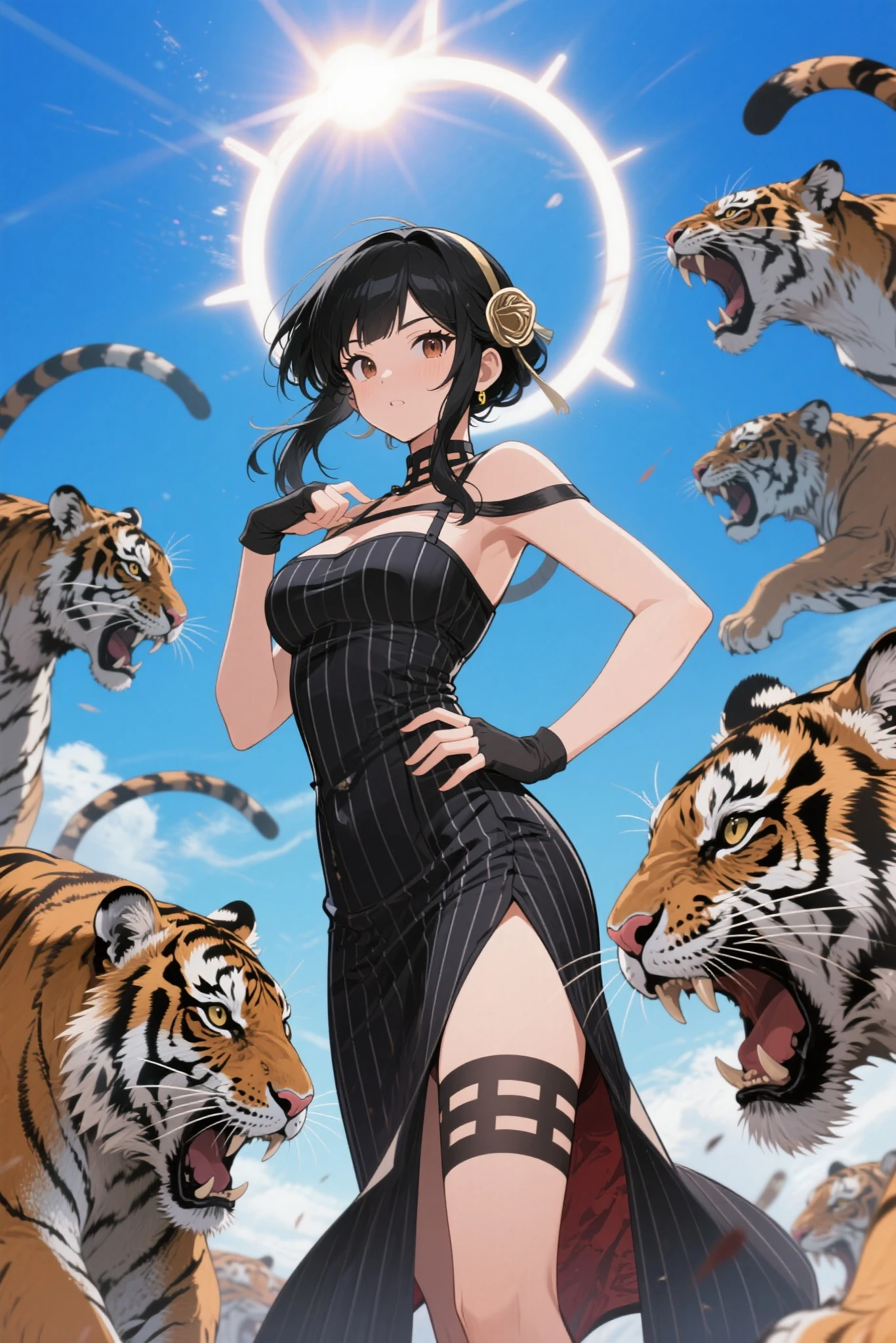 girl dressed as a magician trying to tame a robotic tiger at the circus 